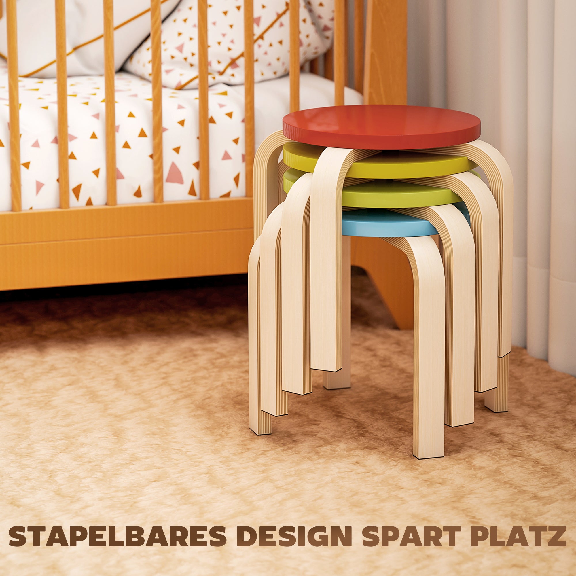 HOMCOM 4 Stapelhocker mit Filzfußpolstern, Birken-Sperrholz, lackiert, Bunt