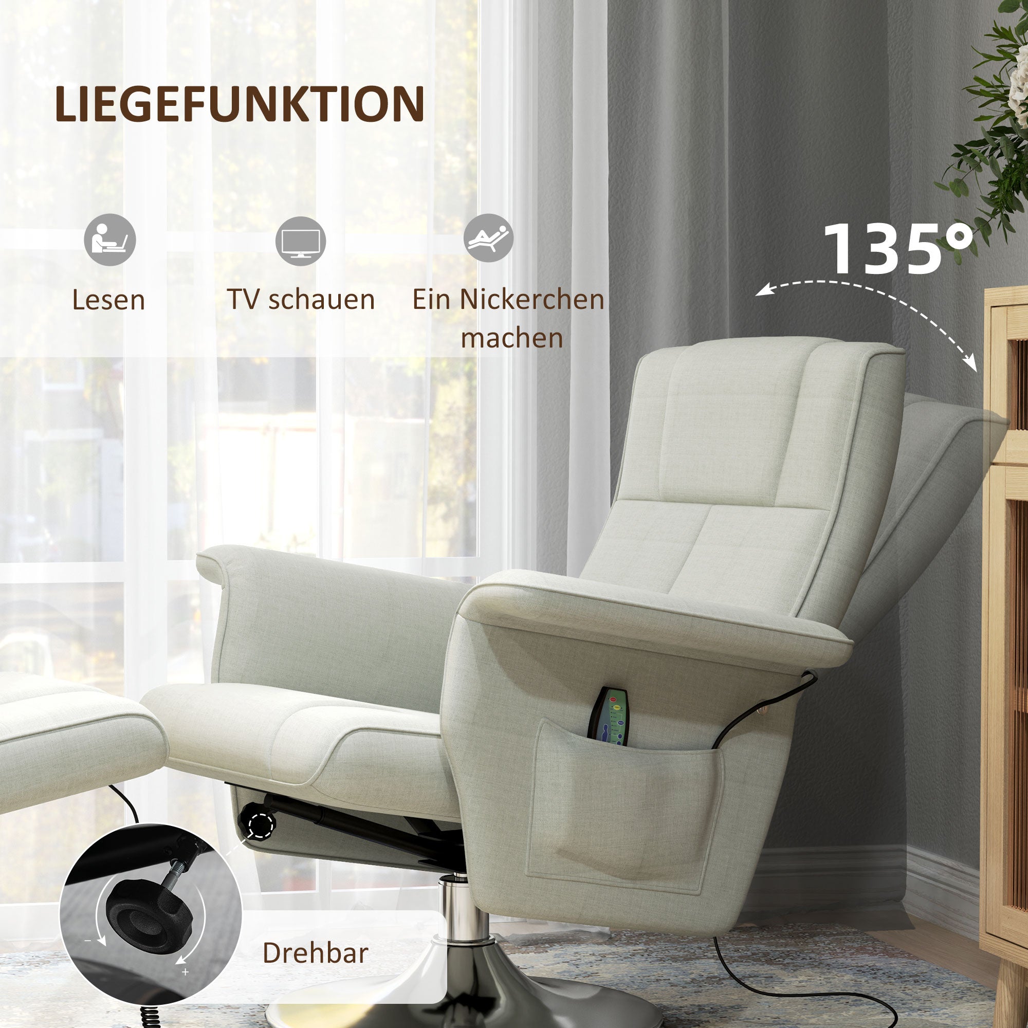 HOMCOM Massagesessel mit Hocker, neigbare Lehne, 78 x 95 x 88 cm, Creme