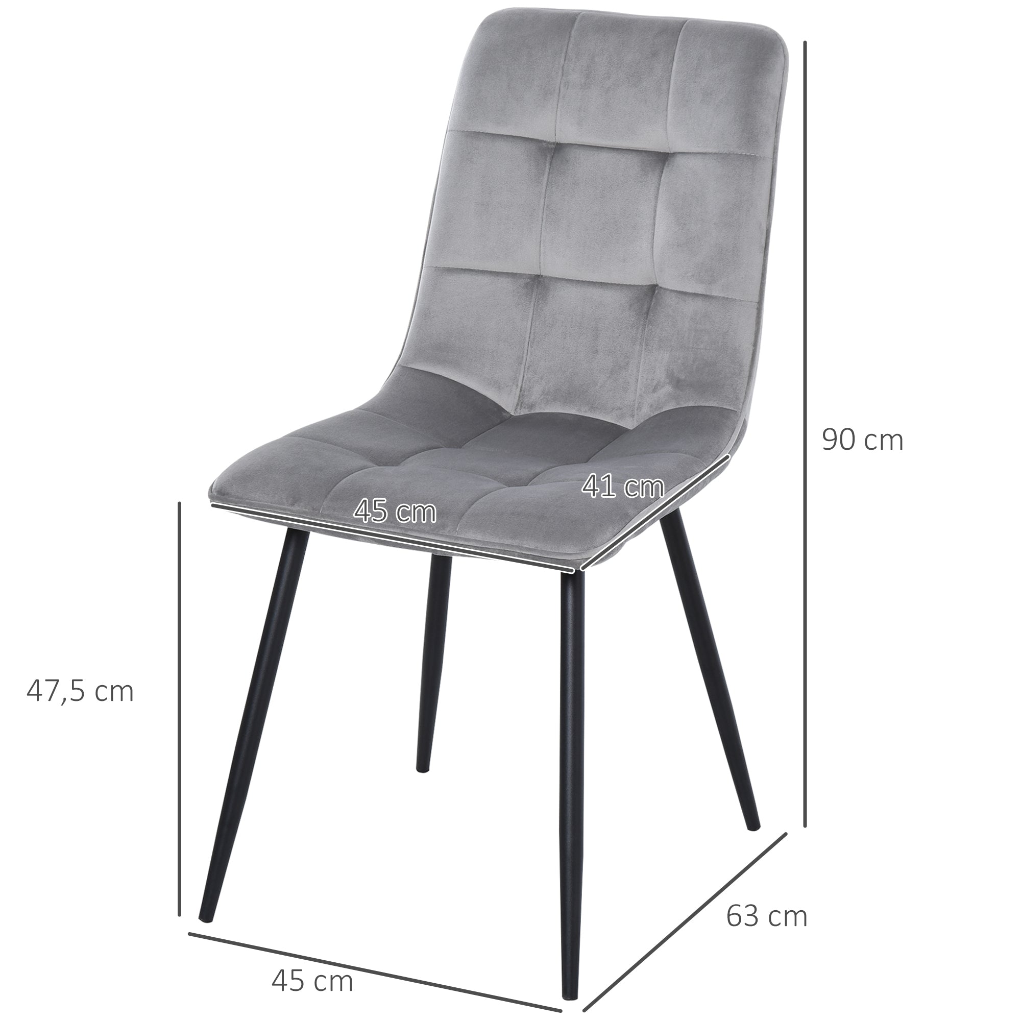 HOMCOM 2er-Set Esszimmerstuhl Polsterstuhl Küchenstuhl mit Samt-Optik Esstisch Samt Metall Grau+Schwarz 45 x 63 x 90 cm