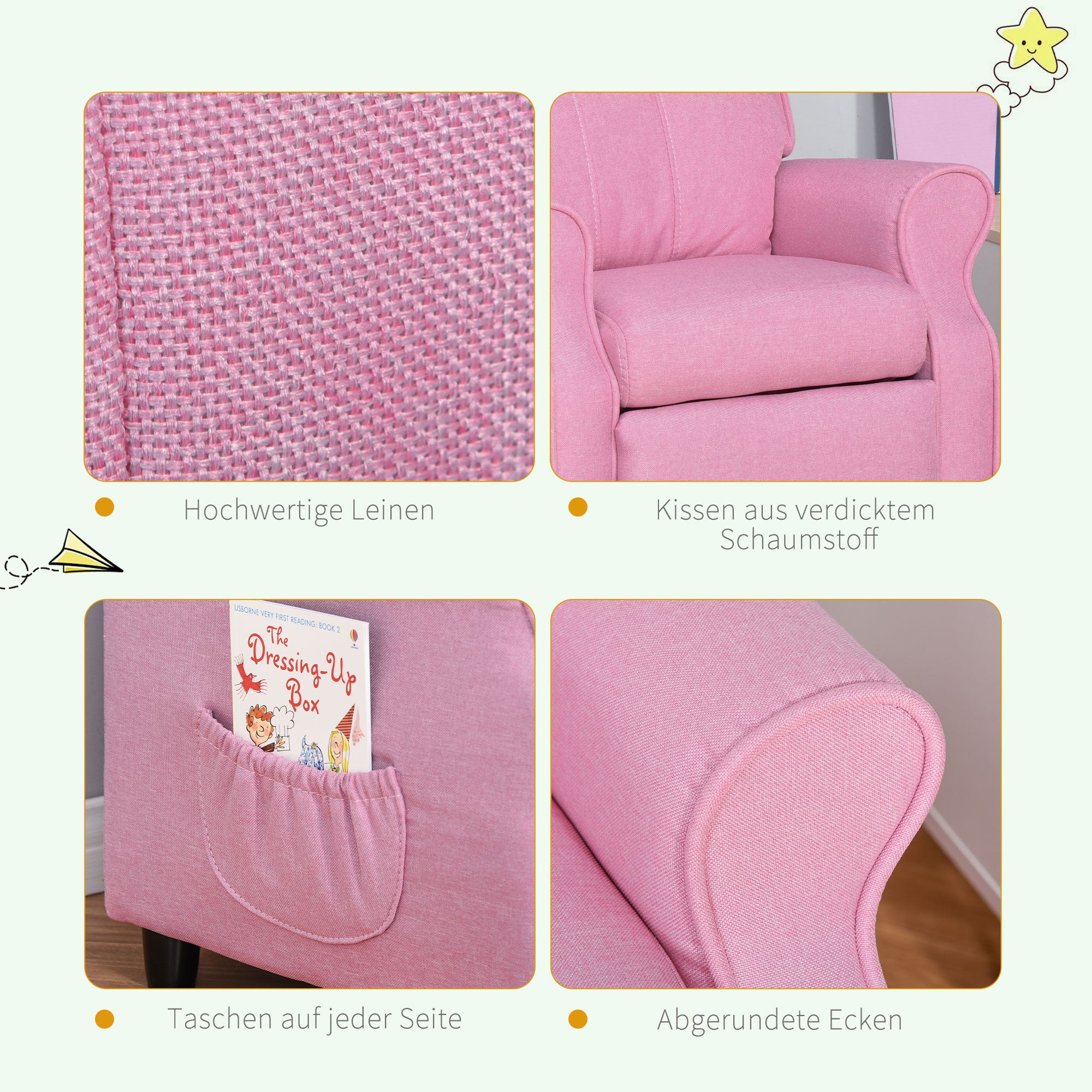 HOMCOM Kindersofa Kindercouch Kindersessel Stuhl Liegesofa verstellbar mit Fußstütze für 3-5 Jahre Jungen und Mädchen Rosa 58 x 53 x 70 cm