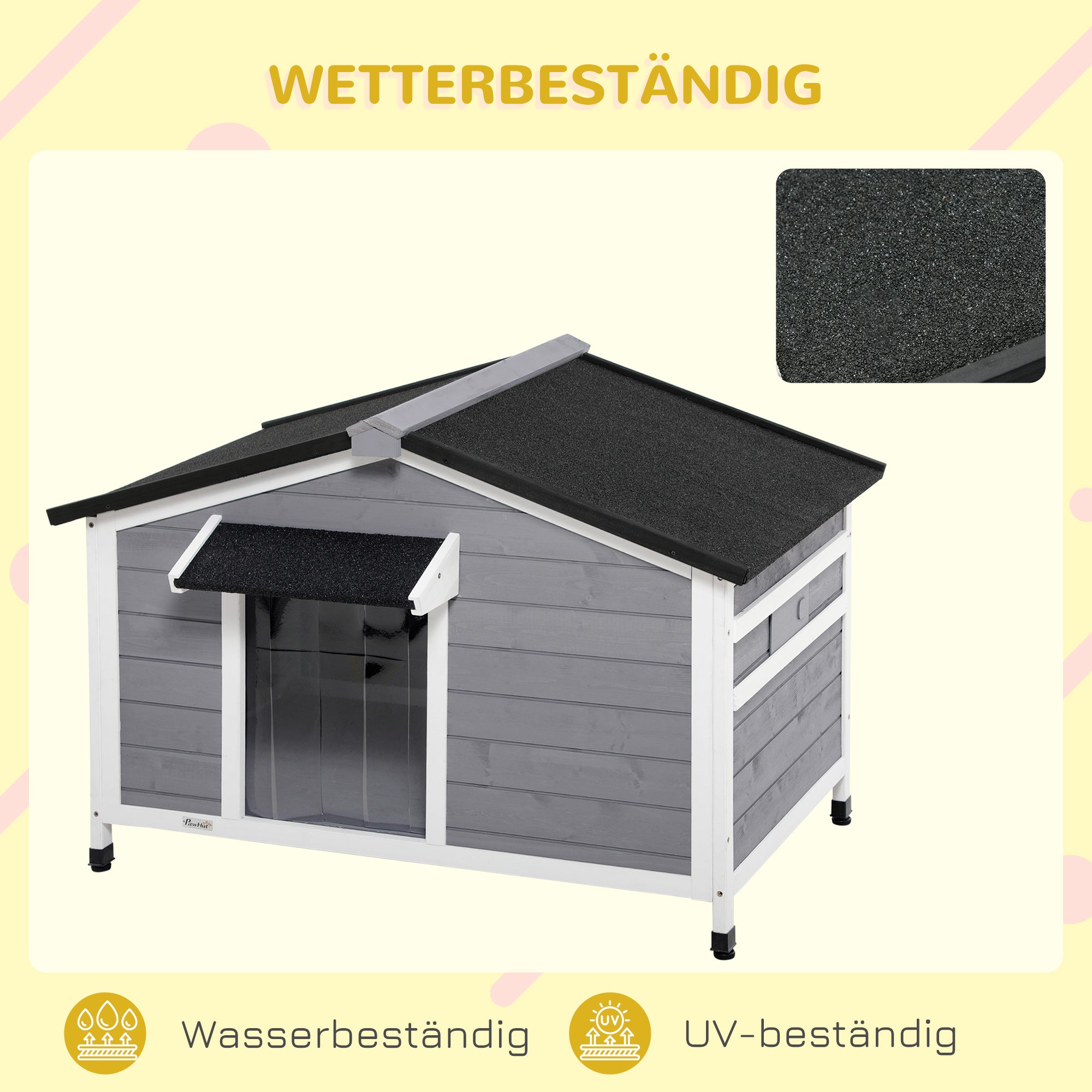 PawHut Hundehütte aus Massivholz, wetterbeständig, Asphaltdach, abnehmbarer Boden, 109 cm x 79 cm x 72 cm, Grau + Weiß