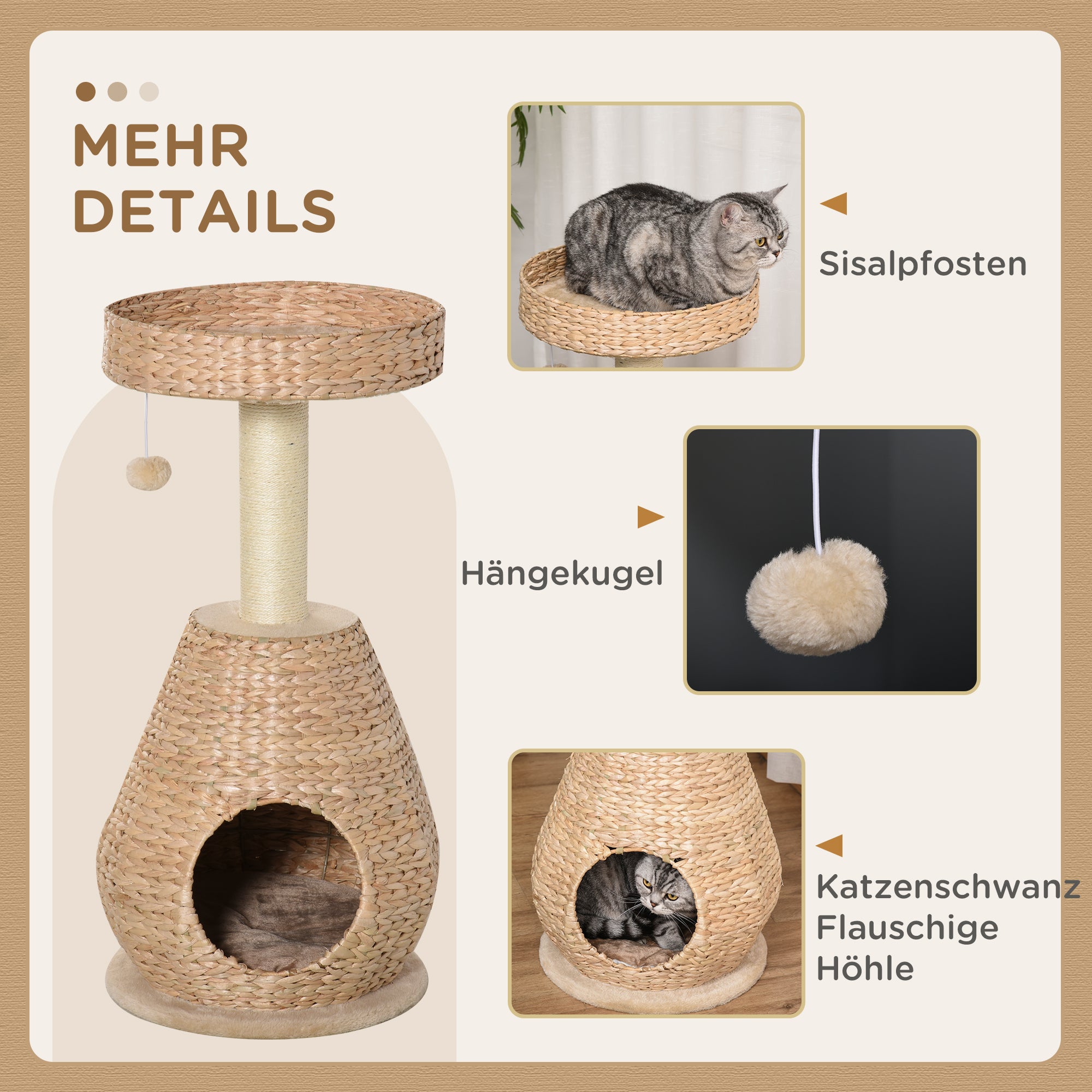 PawHut Katzenbaum Kratzbaum Kätzchen Möbel mit Katzenhöhle Ballspielzeug Sisal weiche Plüsch Höhe 82,5 cm Gelb