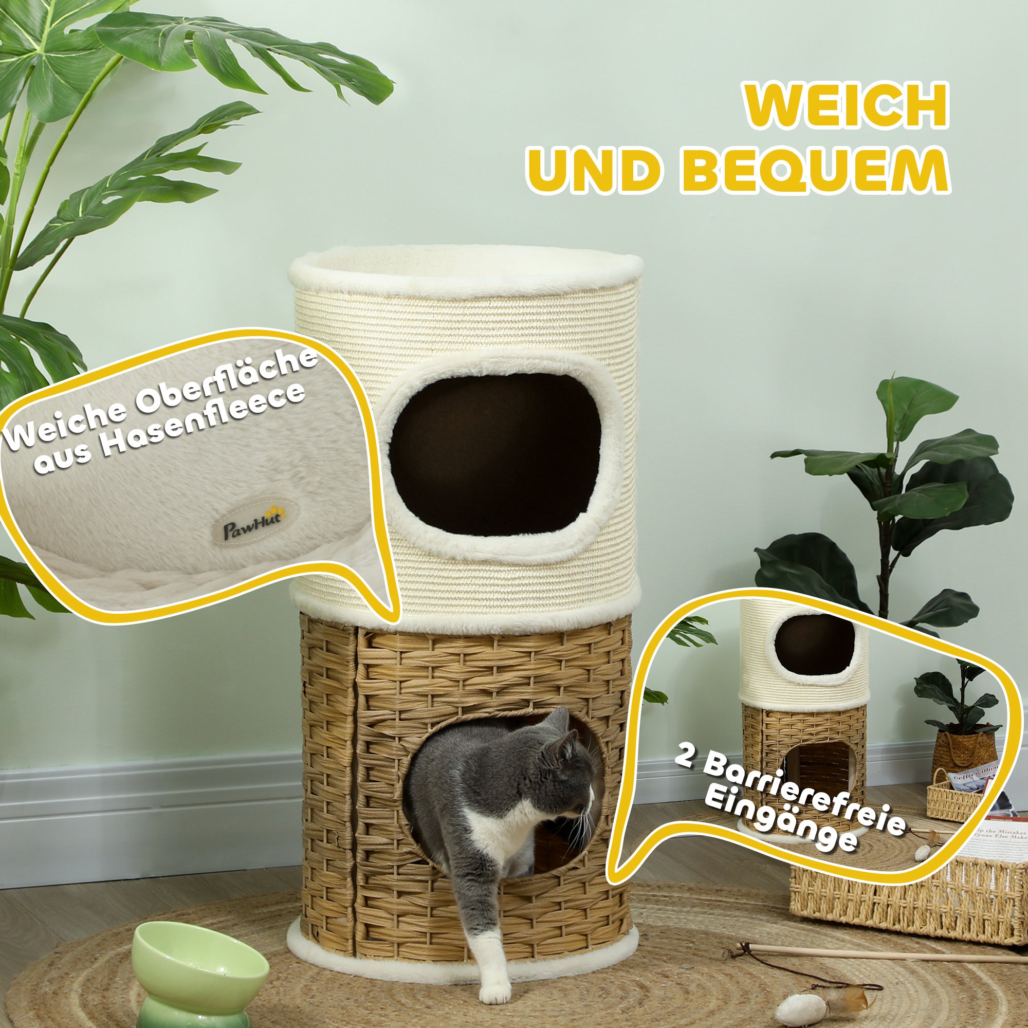 PawHut Kratztonne 80 cm Hoch Ø 40 cm dreistöckige Katzentonne mit Plüschrand, Katzenhöhle Cremeweiß