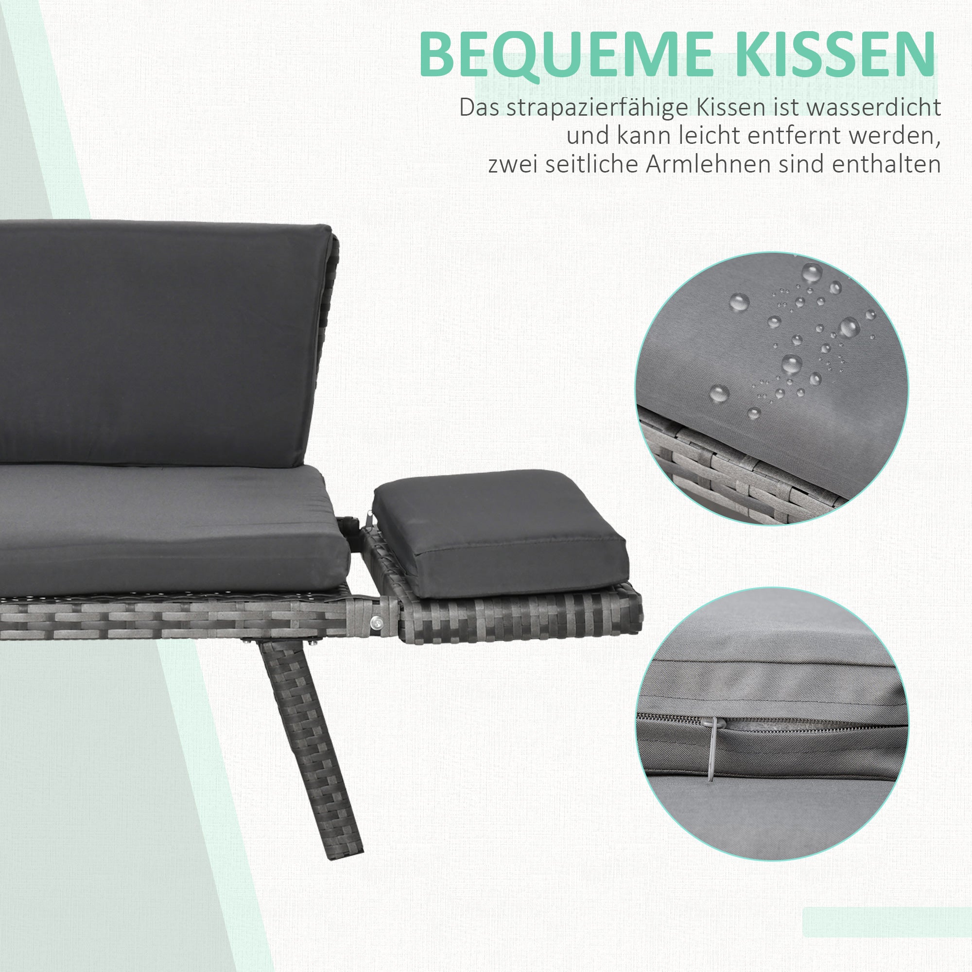 Outsunny Polyrattan Gartensofa 2 Sitzer Gartenmöbel Loungesofa Gartenbank Gartenliege klappbar Armlehnen Stahl Grau 129 x 63 x 67 cm