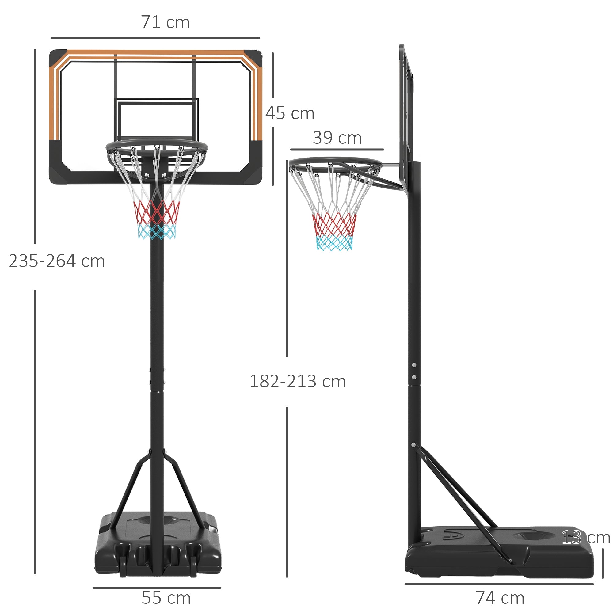 SPORTNOW Basketballständer, höhenverstellbar, 182-213 cm Korbhöhe, wetterfest, mit Rollen, Metallrahmen