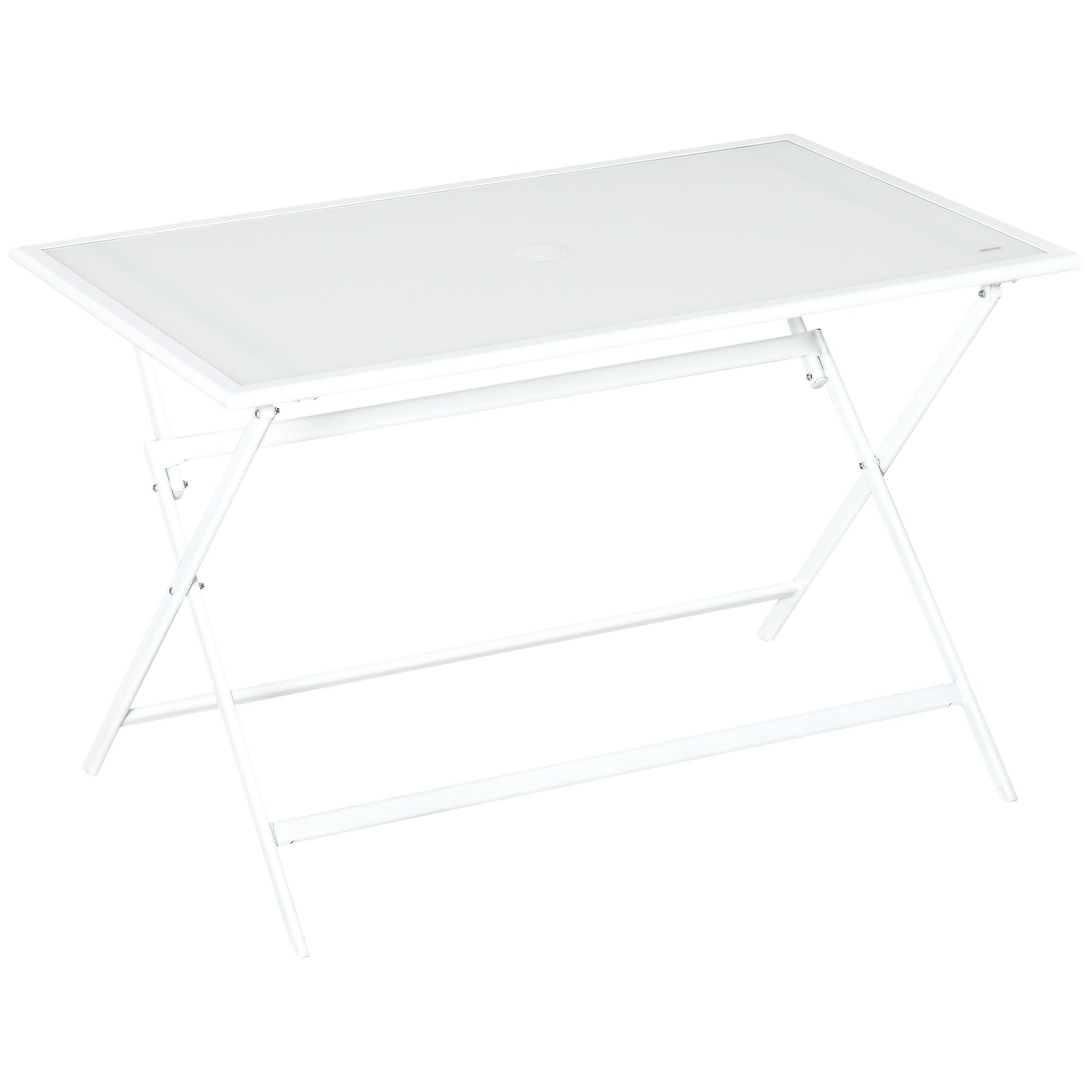 Outsunny Klapptisch Gartentisch mit Ø42mm Ø50mm Schirmloch Falttisch klappbar Beistelltisch Balkontisch Picknicktisch Esstisch Metall gehärtetes Glas Weiß 110 x 70 x 70 cm