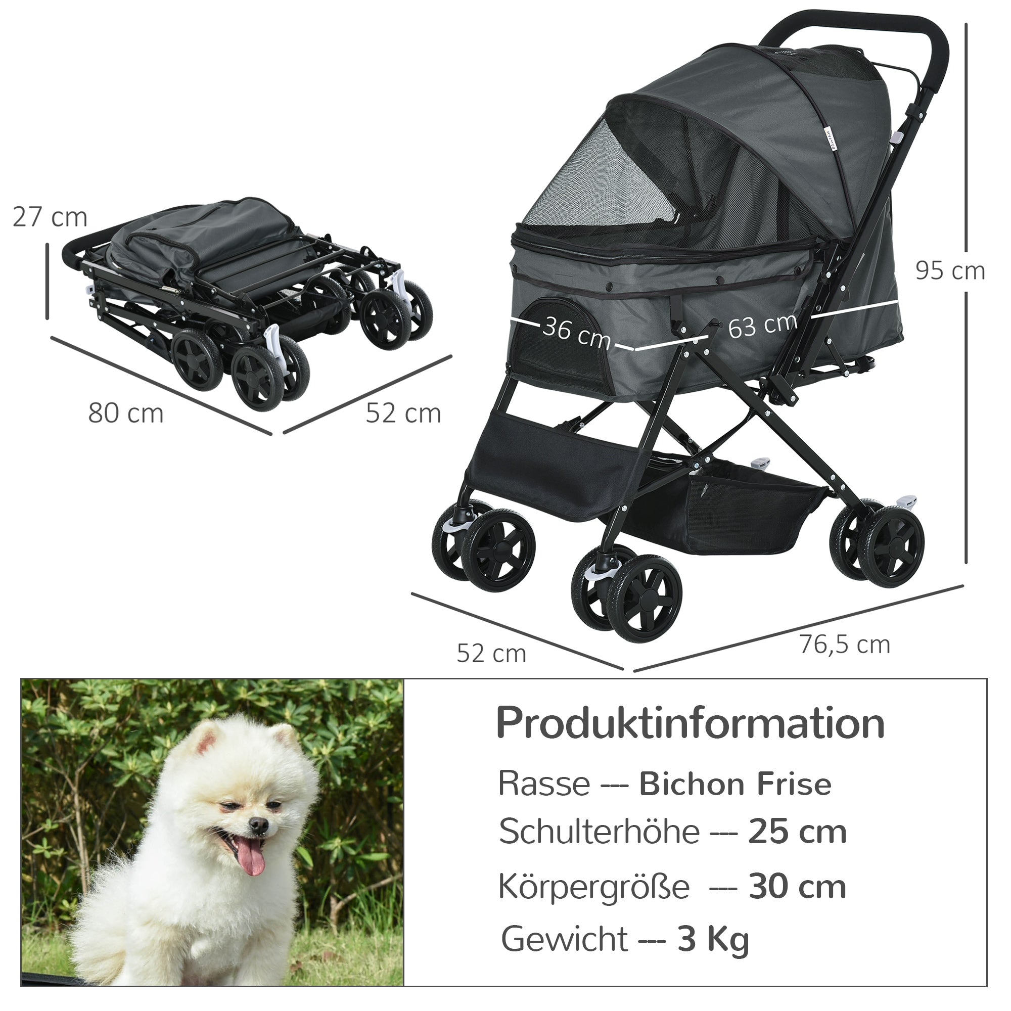 PawHut Hundebuggy Hundewagen bis 10 kg Klappbar Netzfenster Ablagekorb verstellbares Vordach Dunkelgrau 76,5 x 52 x 95 cm