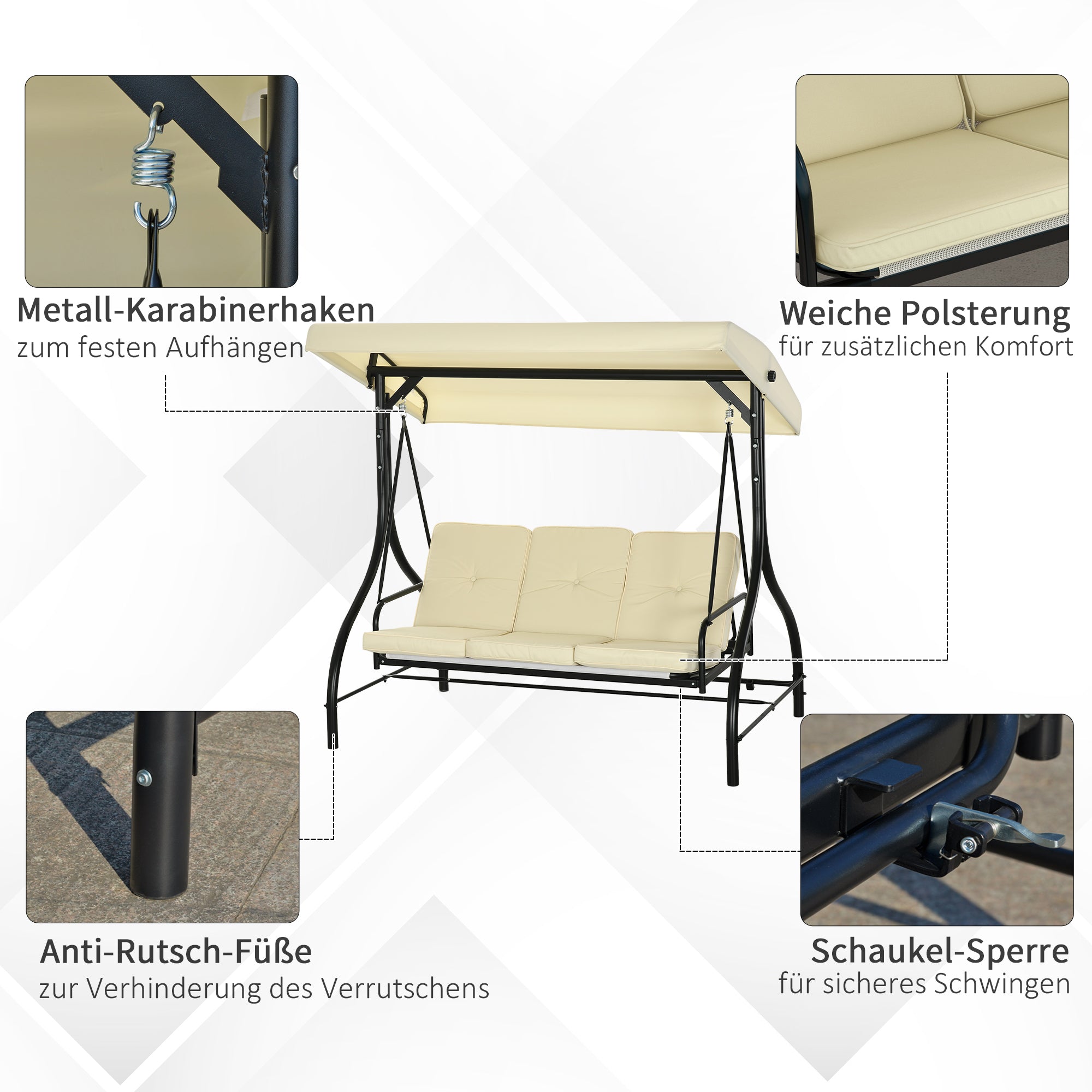 Outsunny Schaukelbank, Hollywoodschaukel mit Sonnenschutz, Gartenschaukel, Verandaschaukel, 3 Sitze, Schaukelbett