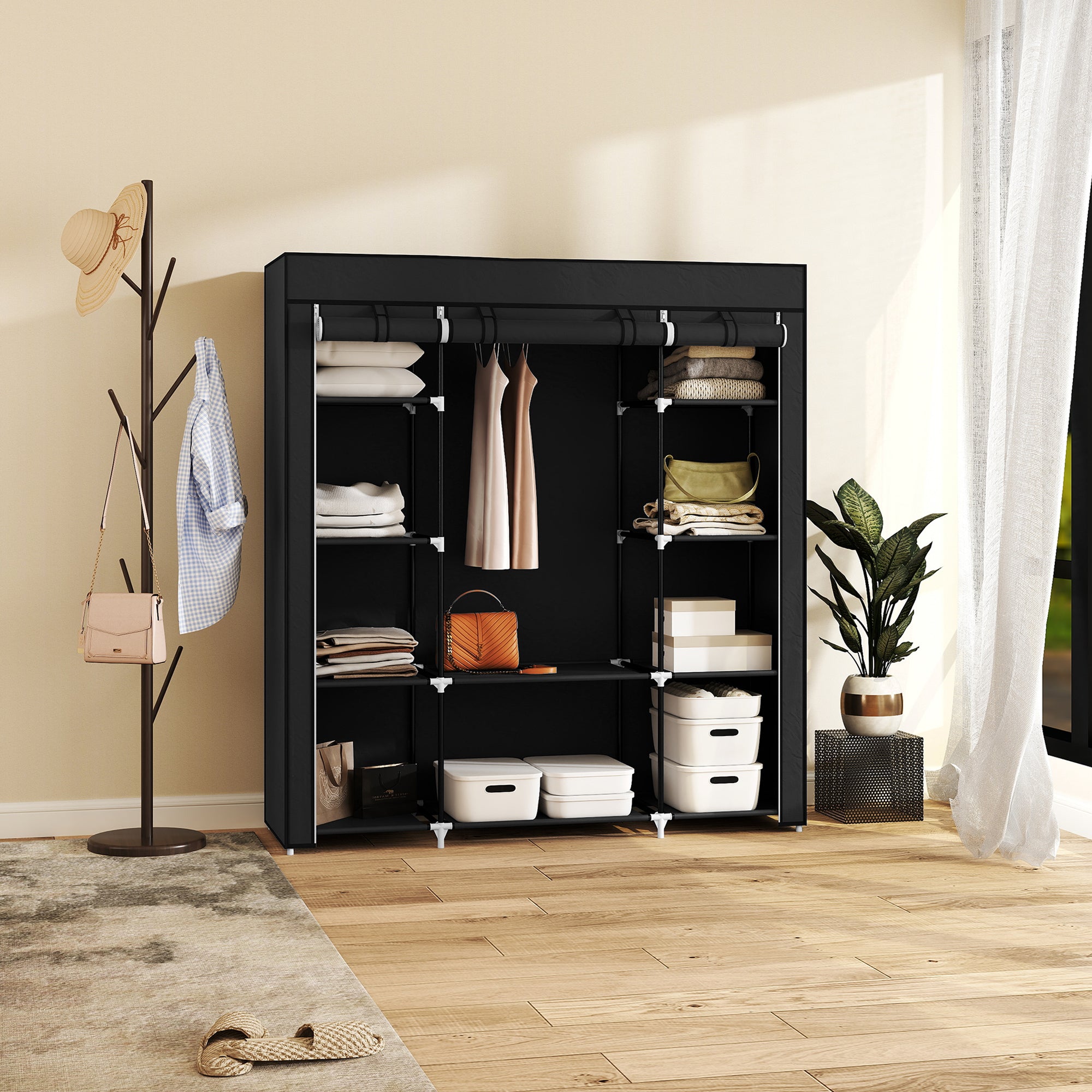 HOMCOM Stoffschrank aus Vlies, Faltschrank, 1 Kleiderstange, 9 Regale, 150 cm x 43 cm x 162,5 cm, Schwarz