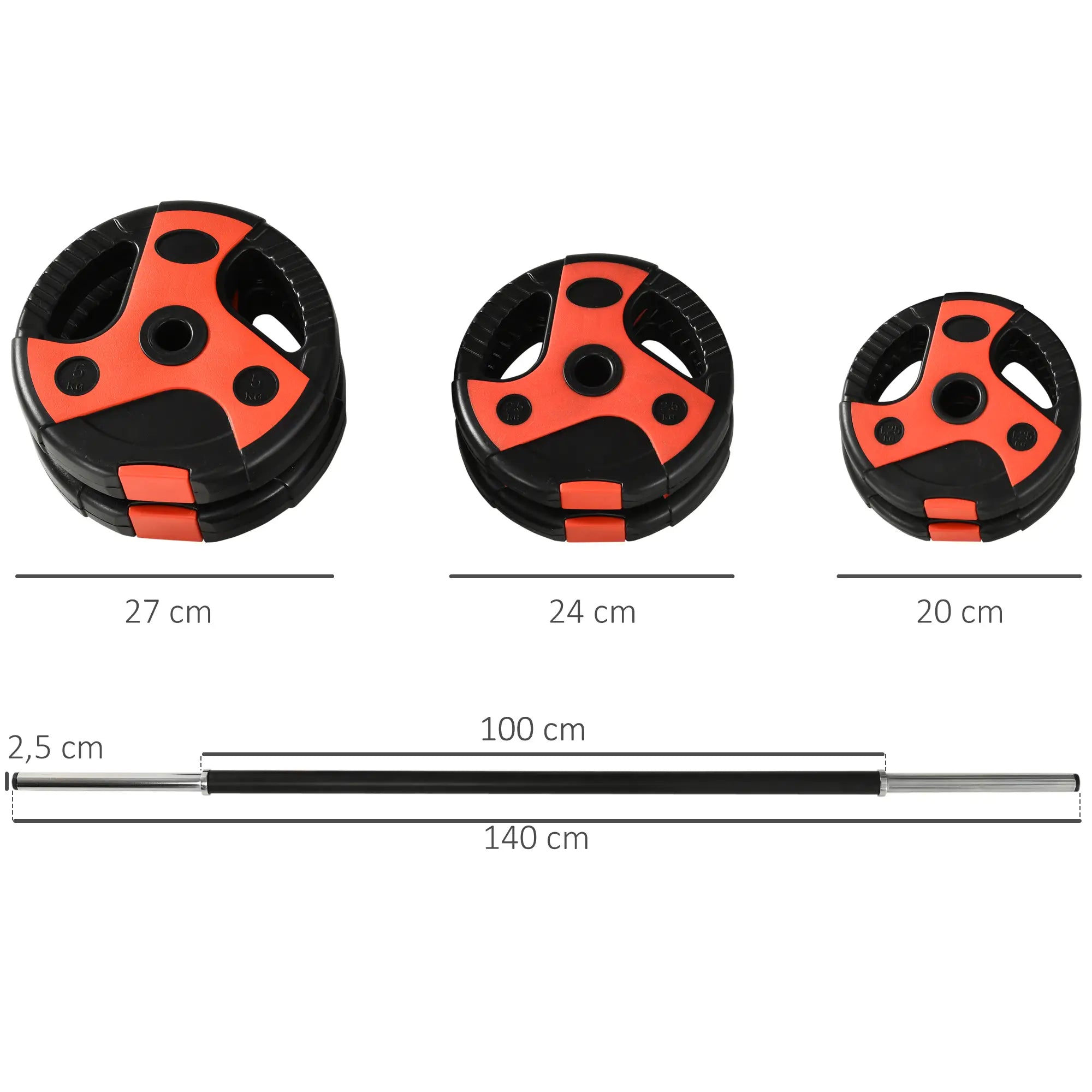 SPORTNOW Langhantel-Set 20 kg, inkl. 6 Hantelscheiben, 2 x 5kg, 2 x 2,5kg, 2 x 1,25kg, rutschfeste Stange, schwarz+rot