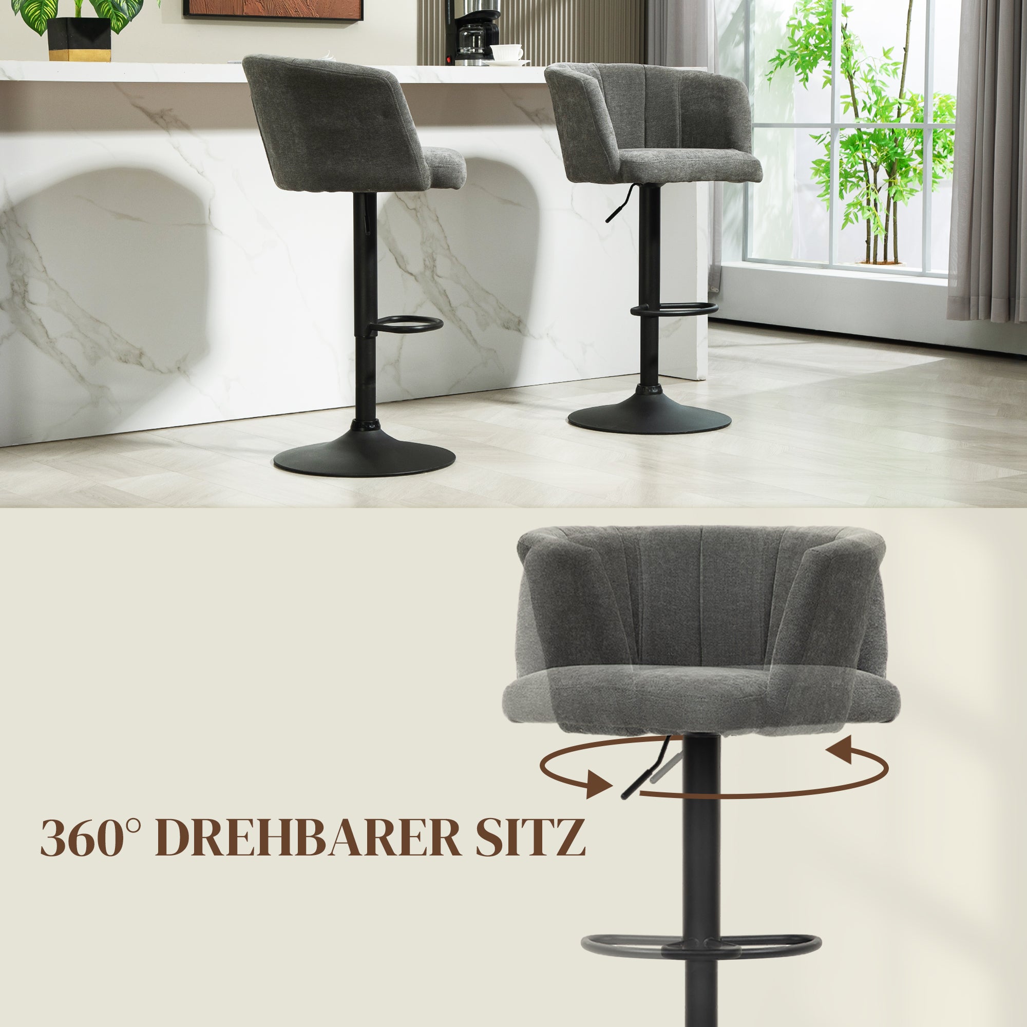 HOMCOM Barhocker 2er-Set, Schalenrücken, höhenverstellbar, Fußstütze, für Küche oder Esszimmer, Metallbasis, Dunkelgrau