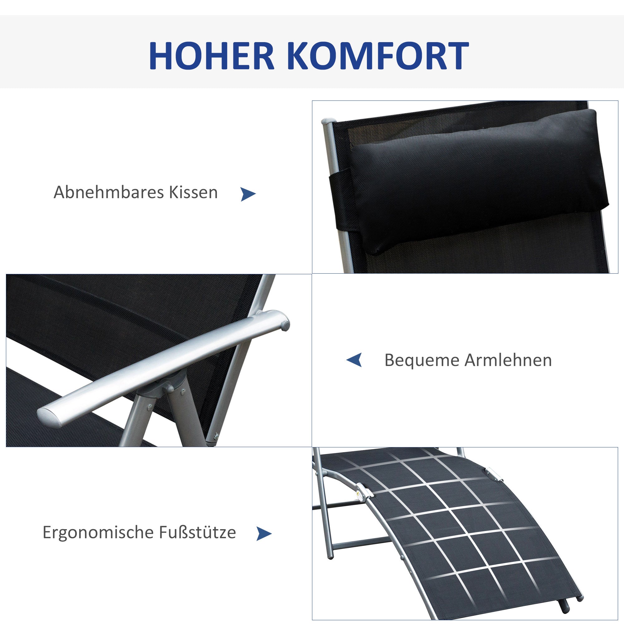 Outsunny Sonnenliege klappbar Strandliege mit Kissen Liegestuhl mit 7-Fach verstellbare Rückenlehne Gartenliege Relaxliege Gartenstuhl bis 165 kg belastbar, für Garten Urlaub Outdoor, Schwarz