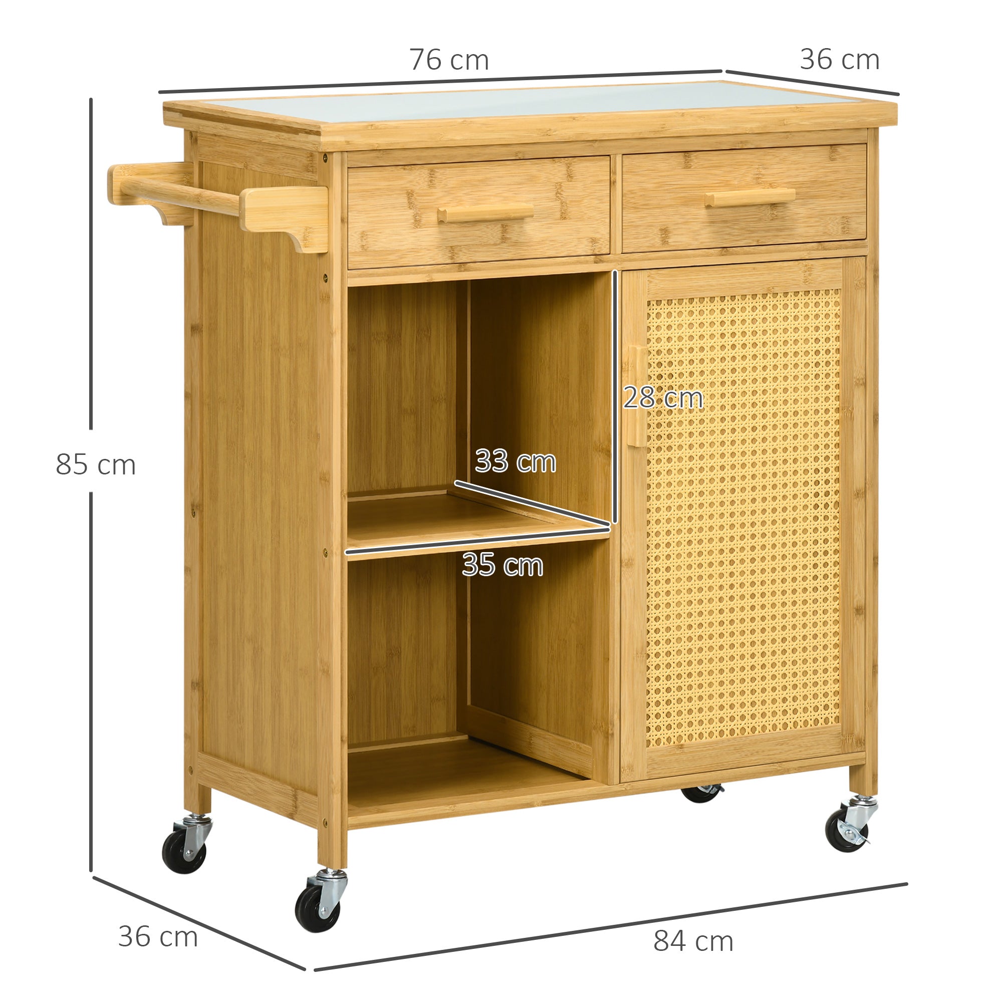 HOMCOM Küchenwagen aus Bambus, Mehrzweckwagen, Sevierwagen, 2 Schubladen, 1 Schrank,  2 Regale, Natur