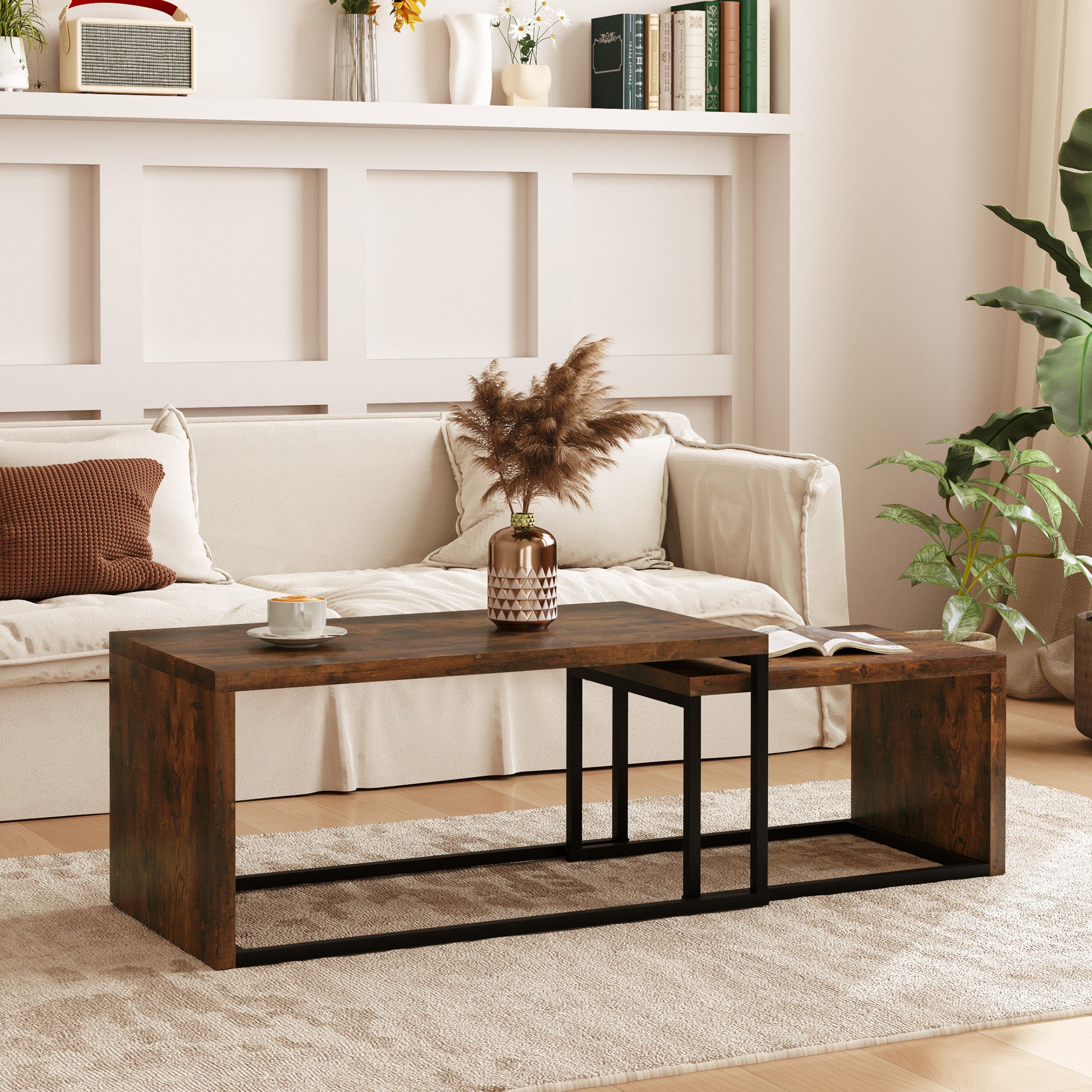 HOMCOM 2er-Set Couchtisch, Sofatisch, Beistelltisch, MDF, Metall, 90 x 48 x 42 cm/59 x 42 x 36 cm, Schwarz+Braun