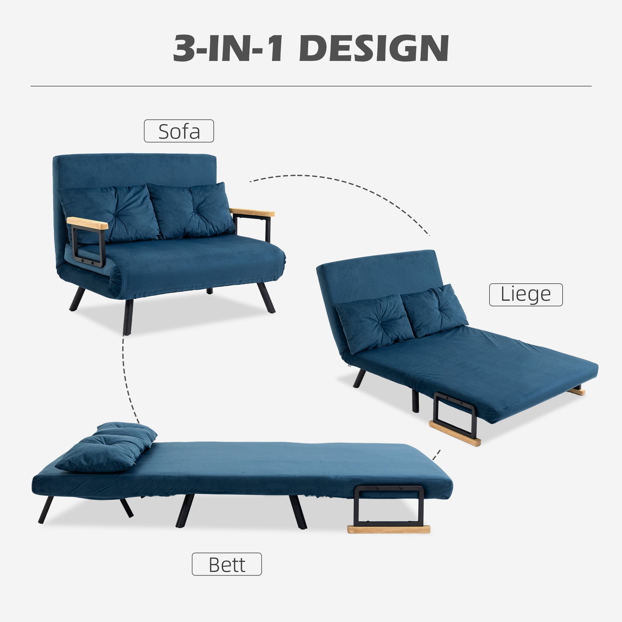 HOMCOM Schlafsofa 2er-Sofa Samtsofa, Schlaffunktion, inkl. 2 Kissen, Samtoptik, Natur + Blau