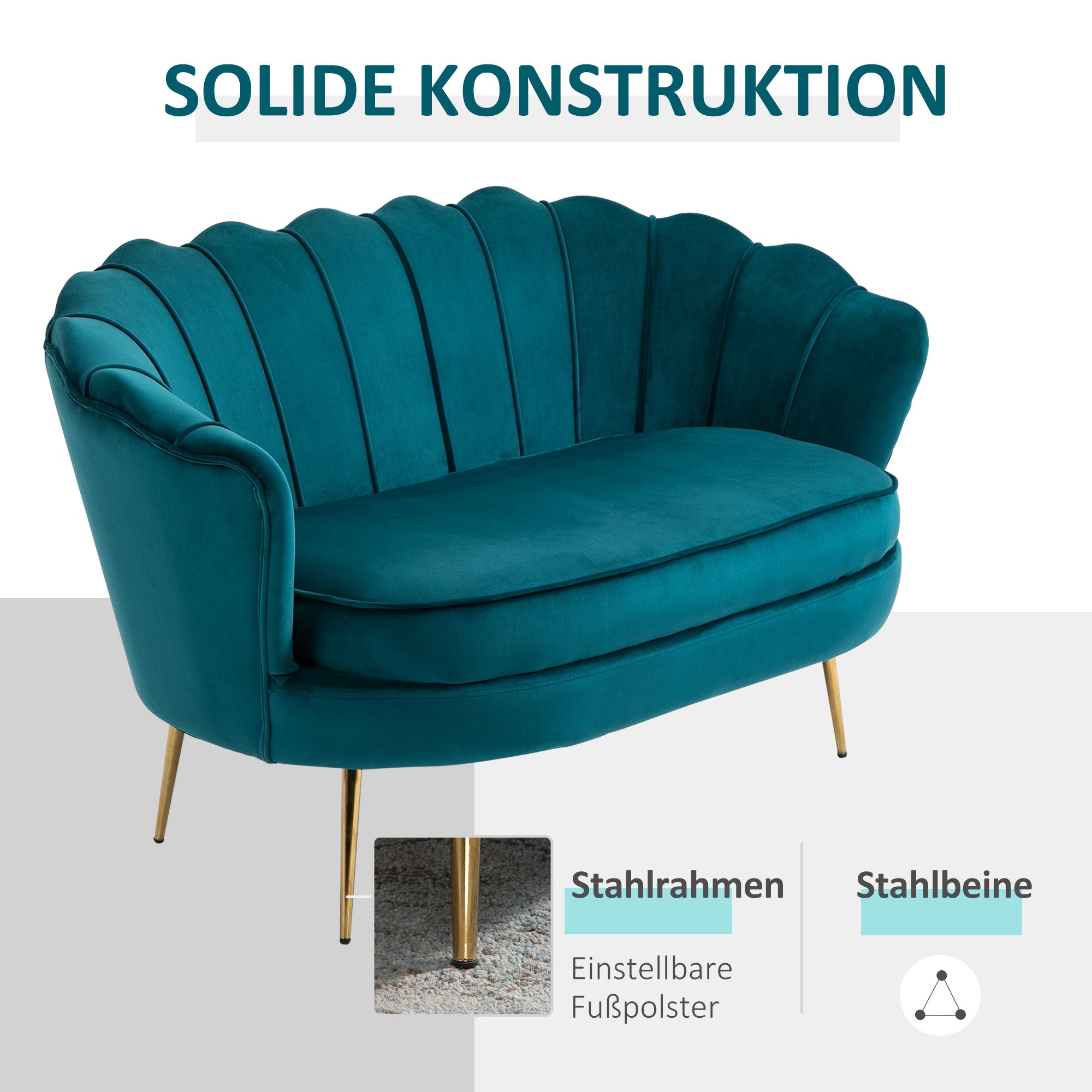 HOMCOM 2-Sitzer-Sofa, Couch, Polstersofa, Samtoptik, Doppelsofa, bis 150 kg belastbar, 130 x 77 x 77 cm, Dunkelgrün