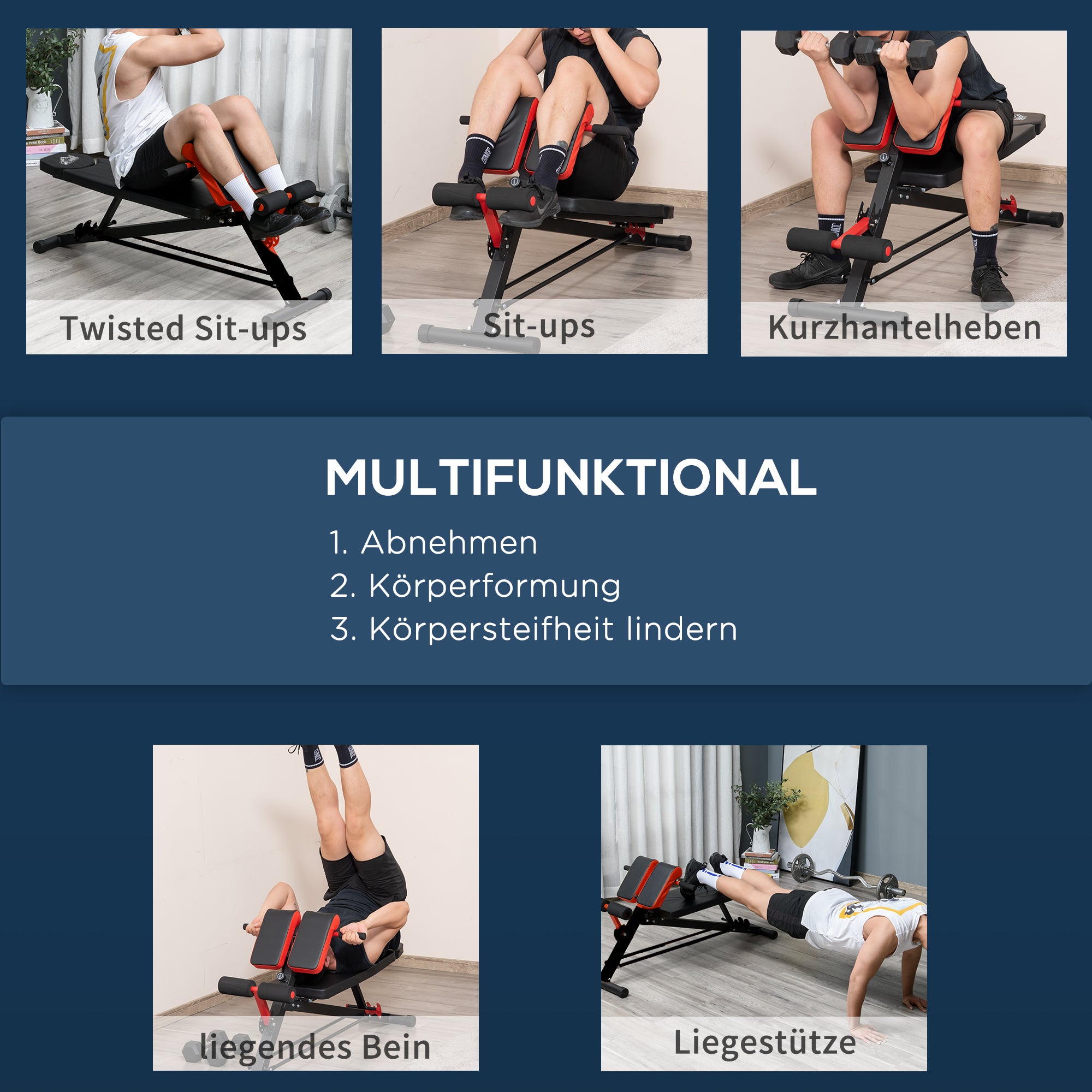 HOMCOM Hantelbank Fitnessbank Schrägbank Multifunktion Bauchtrainer Verstellbar Stahl Schwarz 64 x 146 x 73,5-85 cm