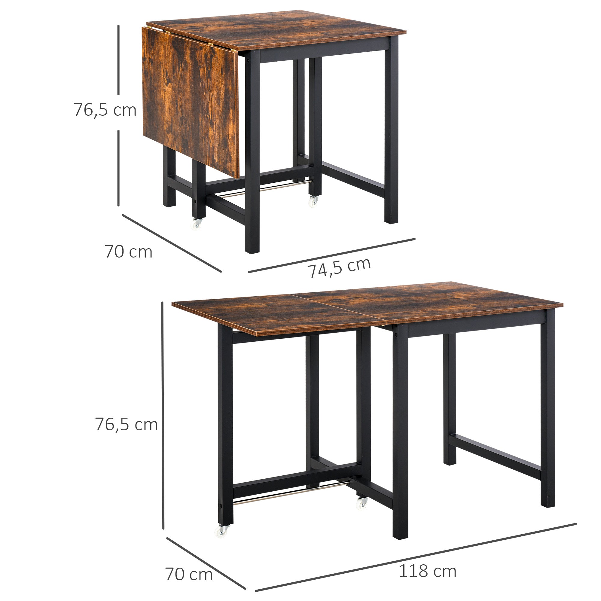 HOMCOM Faltbarer Esstisch, Industrieller Tisch, klappbar, aus Metall und Holz, platzsparend, Braun