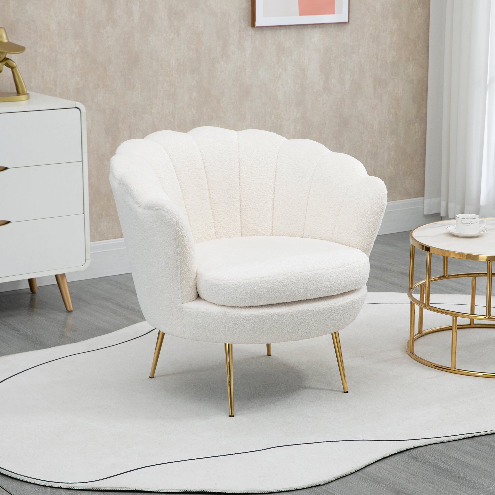 HOMCOM Polstersessel in Muschelform, Relaxsessel, Entspannungssessel, Metallbeine in Goldoptik, 79L x 77B x 77H cm, Weiß