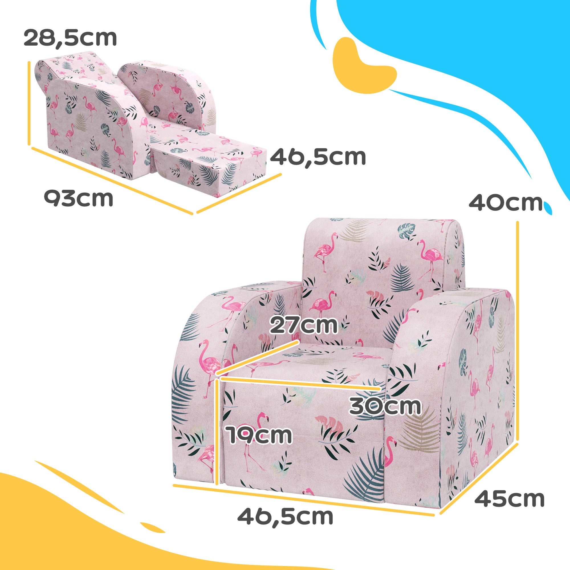 AIYAPLAY Kindersessel mit Bettfunktion, bis 3 Jahre/45 kg, Flamingo-Muster, 46,5x93x28,5 cm, Rosa