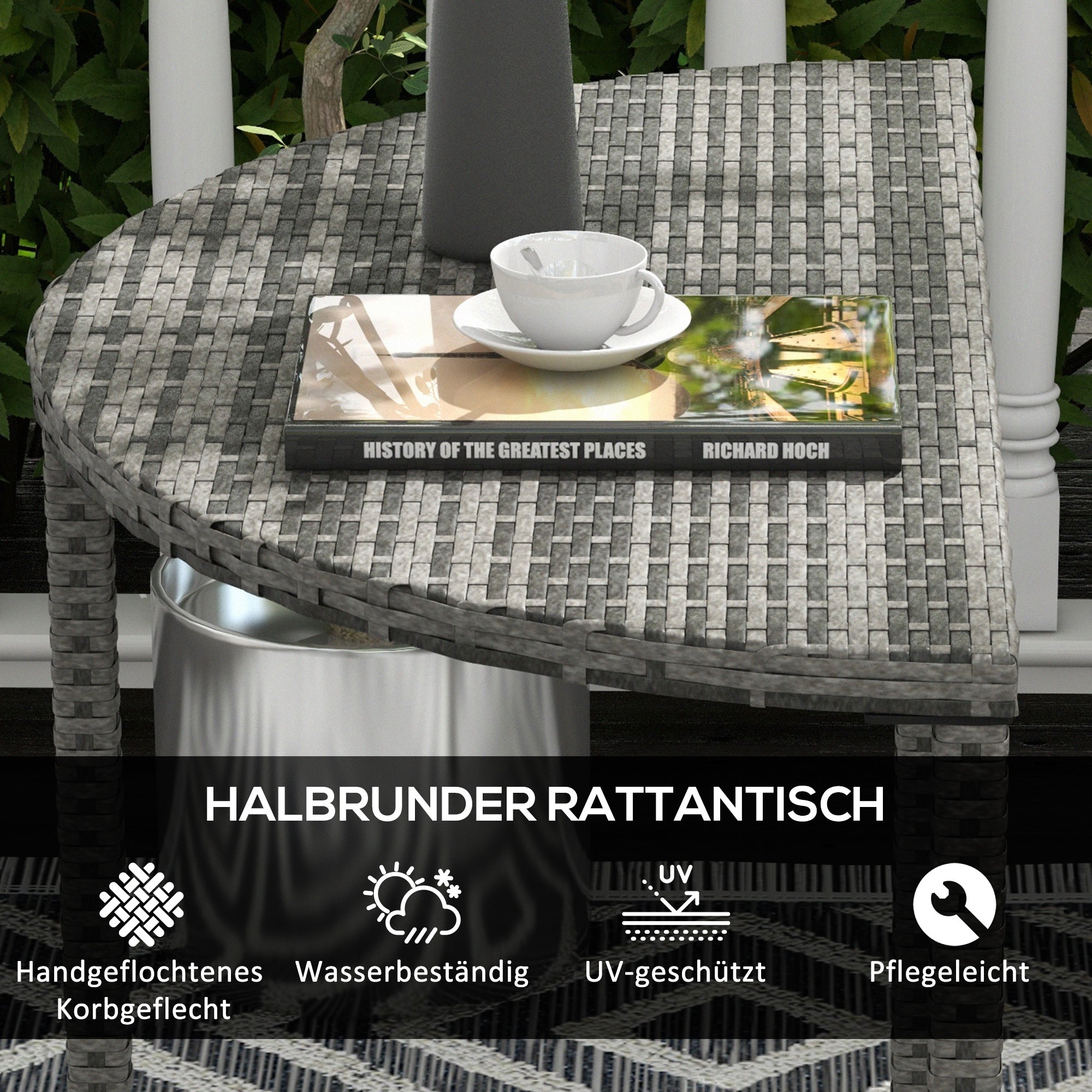 Outsunny Balkontisch, halbrund, Polyrattan+Metall, 100x50x74 cm, Grau