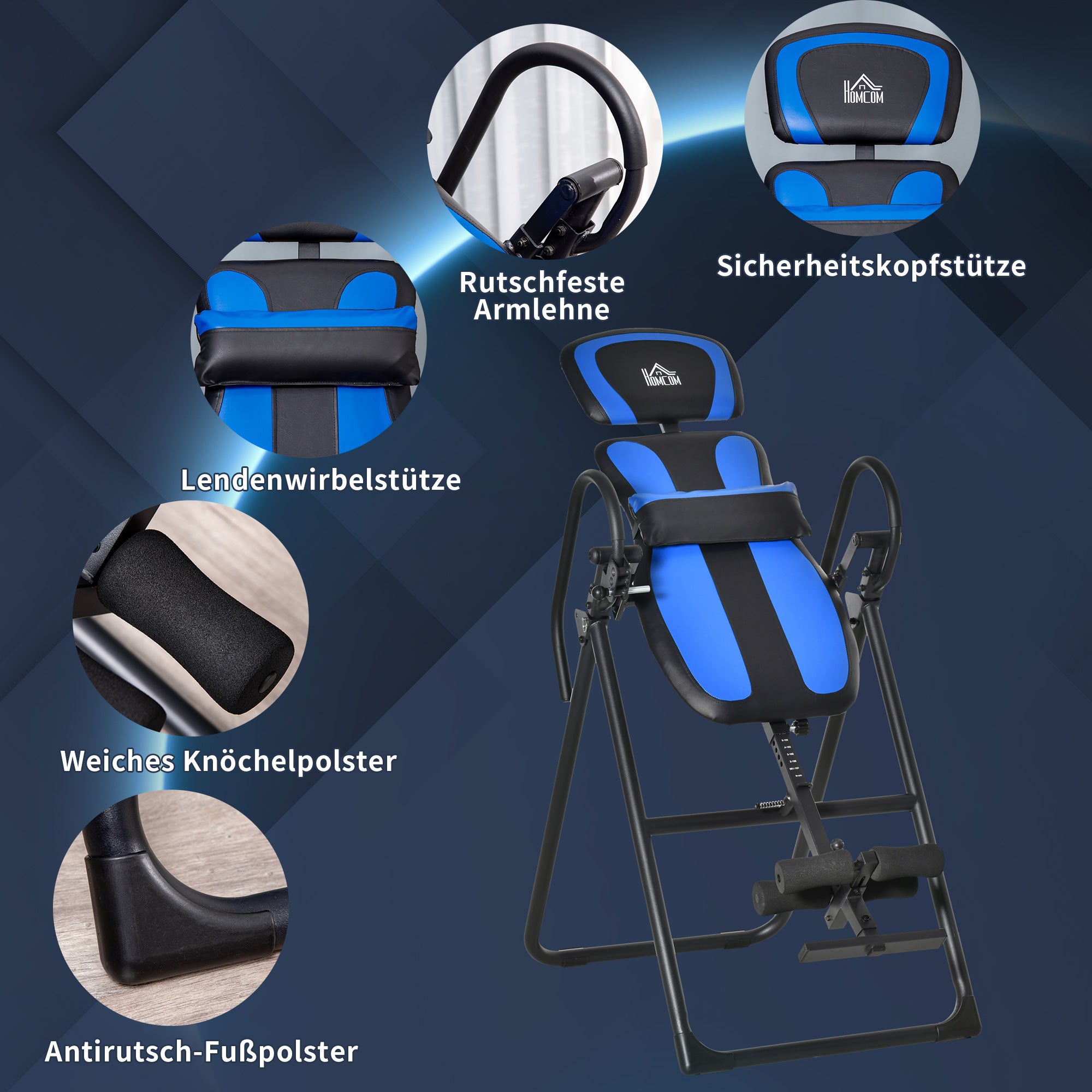 HOMCOM Inversionsbank klappbarer Schwerkrafttrainer mit zwei beweglichen Rädern eingestellt Rückenpolster Metall ABS Schwarz+Blau 132 x 71 x 145 cm