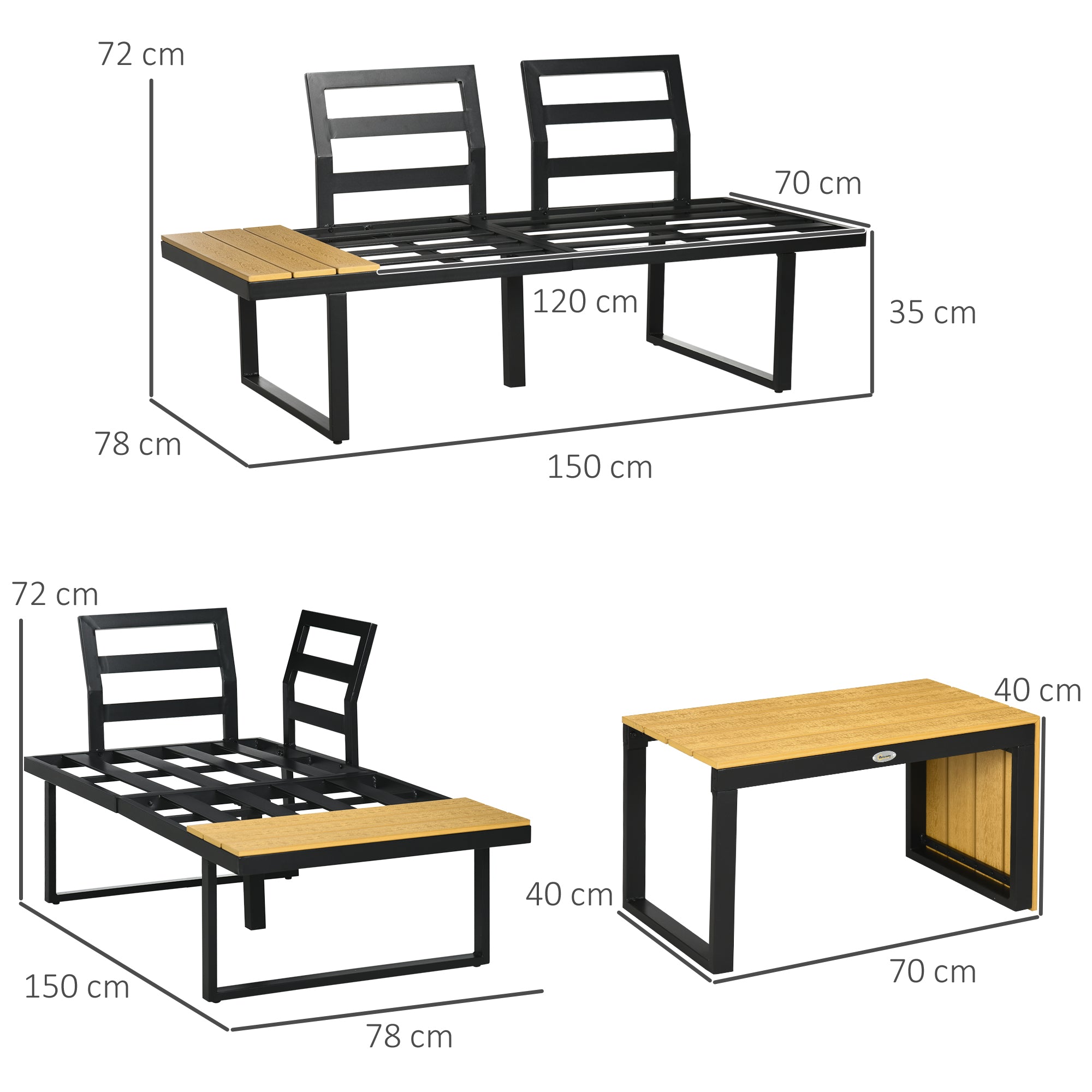 Outsunny Gartenmöbel-Set für 3 Personen Balkonmöbel mit Sitzkissen, Aluminiumrahmen, Holzoptik, Dunkelgrau+Natur