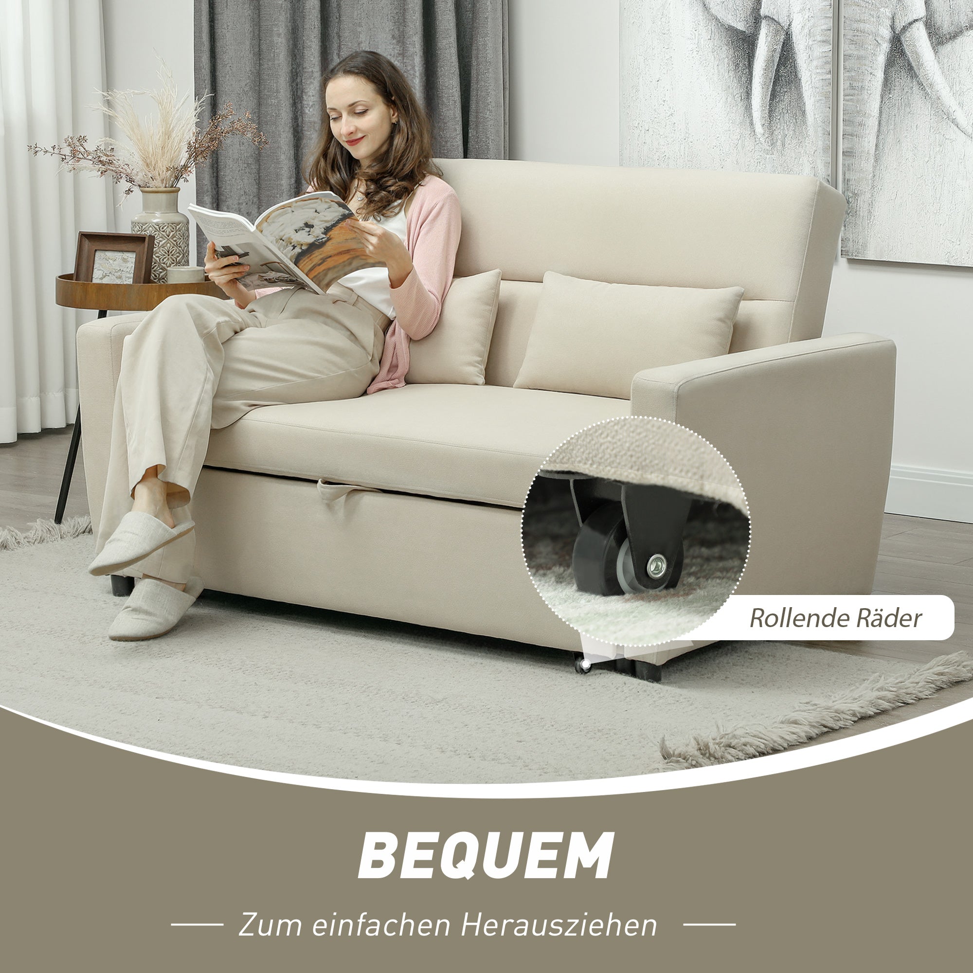 HOMCOM 2-Sitzer Sofa mit Bettfunktion, Verstellbarer Rückenlehne, Polstersofa, Samtoptik, für Wohnzimmer, Schlafzimmer, Beige
