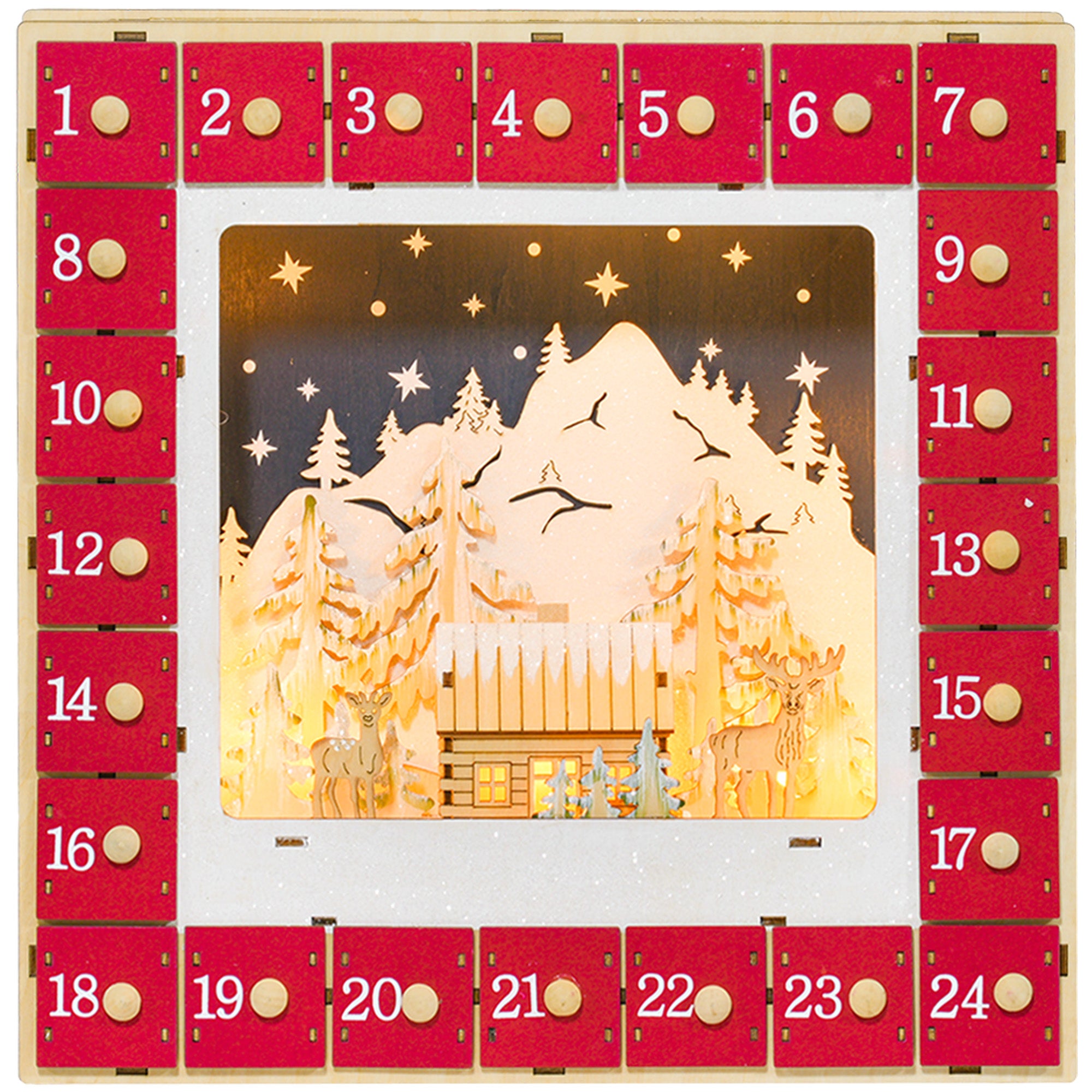 HOMCOM LED Adventskalender mit Dorfszene, 24 große Schubladen, MDF, 34 x 7 x 34 cm, Rot