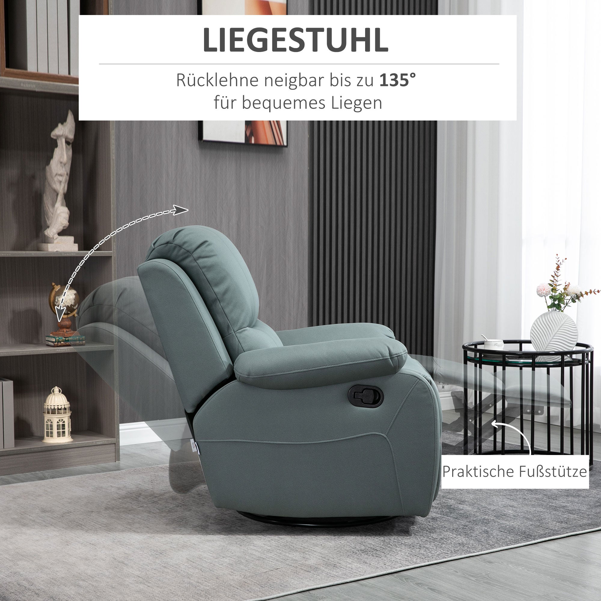 HOMCOM Relaxsessel mit Neigungsverstellung bis 135° 360 Grad drehbar 93 cm x 100 cm x 98 cm Stahlgestell Grün