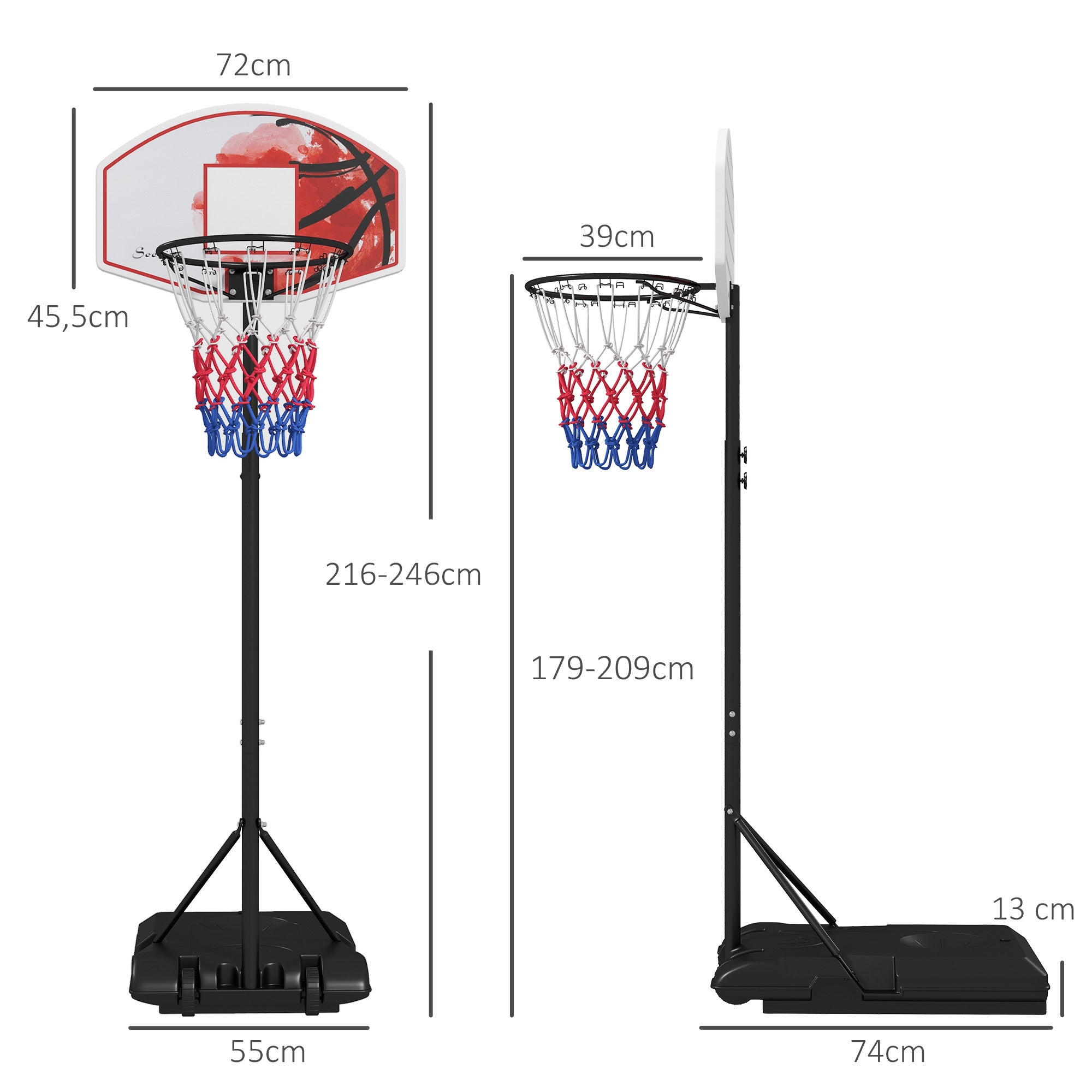 SPORTNOW Höhenverstellbarer Basketballkorb, freistehend, mit Netz und Rädern, große Basis, 179-209 cm, Kunststoff, Stahl