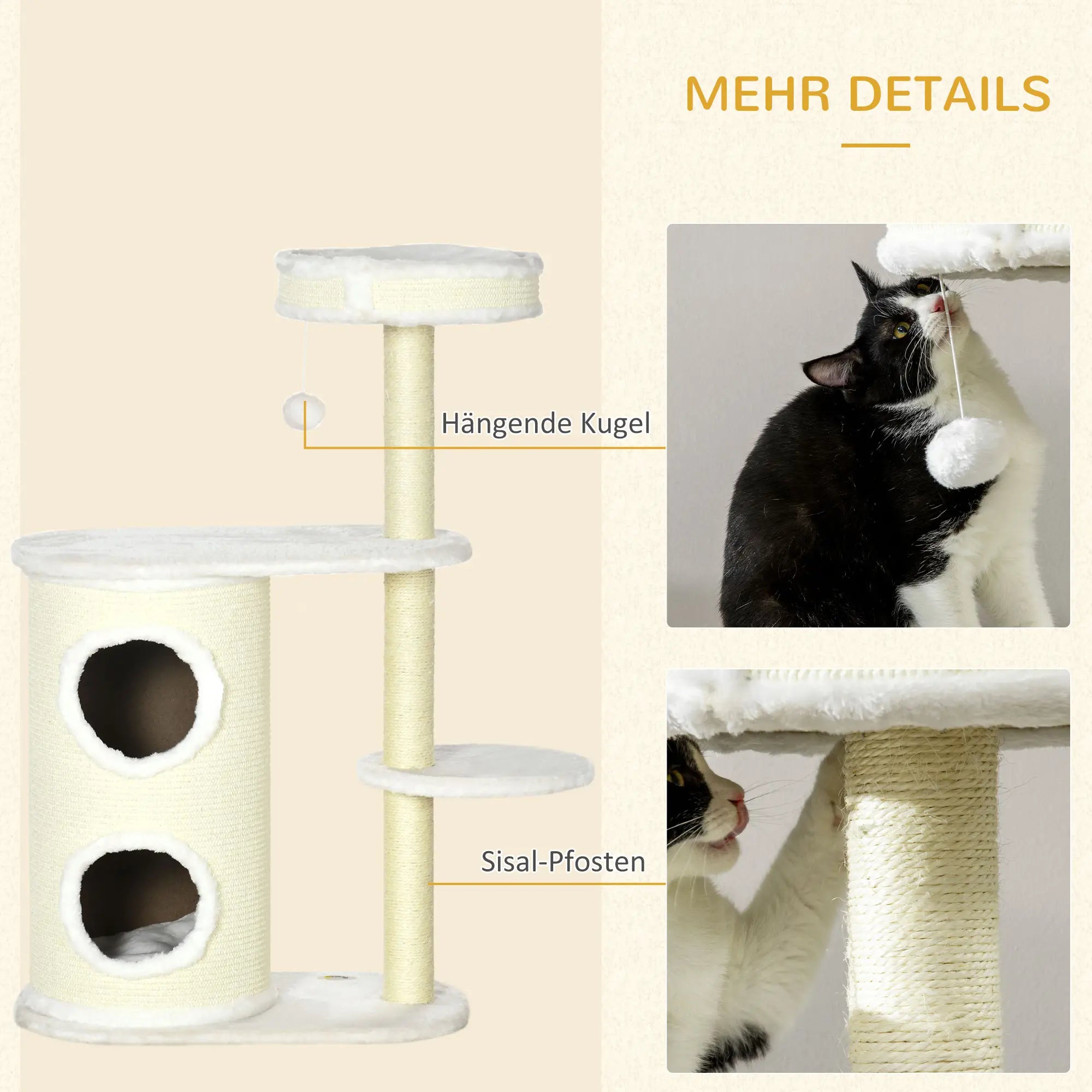PawHut Kratzbaum mit Kratztonne, 1 Katzenbett und Katzenspielzeug, 59 cm x 35 cm x 100 cm, Cremeweiß