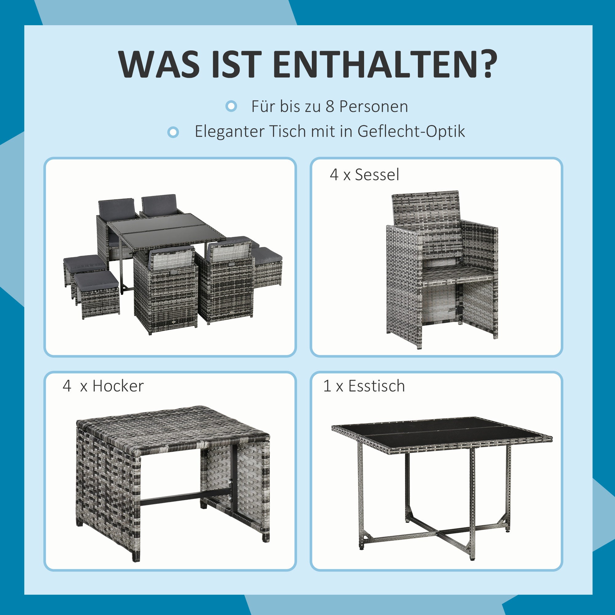 Outsunny Sitzgruppe für 8 Personen Polyrattan Gartenset Sitzgarnitur inkl. Kissen Grau