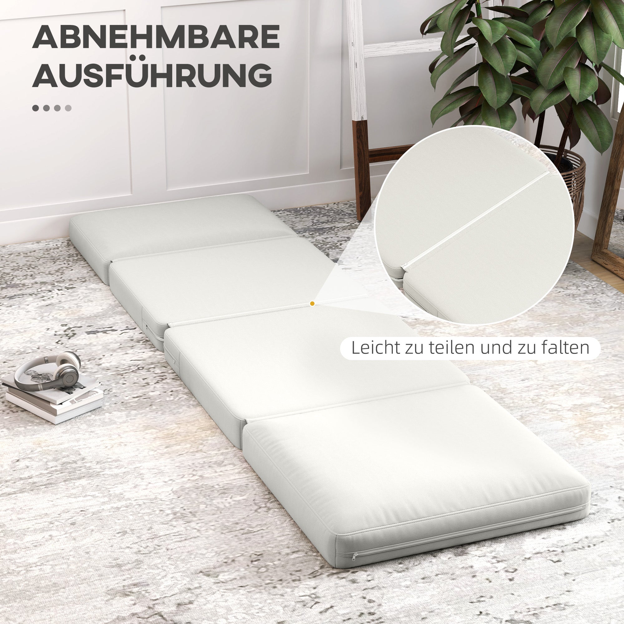 HOMCOM Faltbarer Bodensessel mit Kissen, wandelbares Polstersofa, Wohnzimmer, Gästezimmer, Büro, 75 x 268 x 18 cm, Cremeweiß