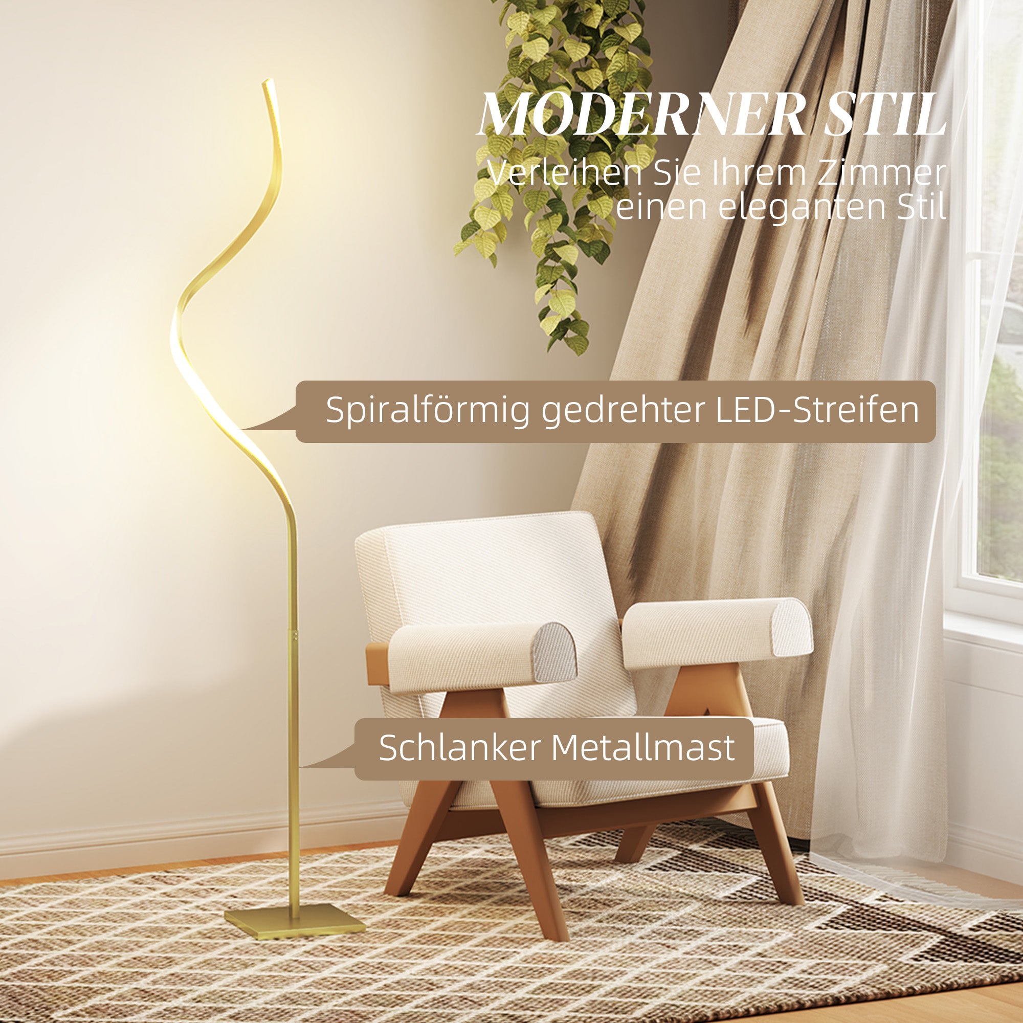 HOMCOM Stehleuchte im Spiraldesign, Fußschalter, 3 Helligkeitsstufen, 1,46 m, Gold