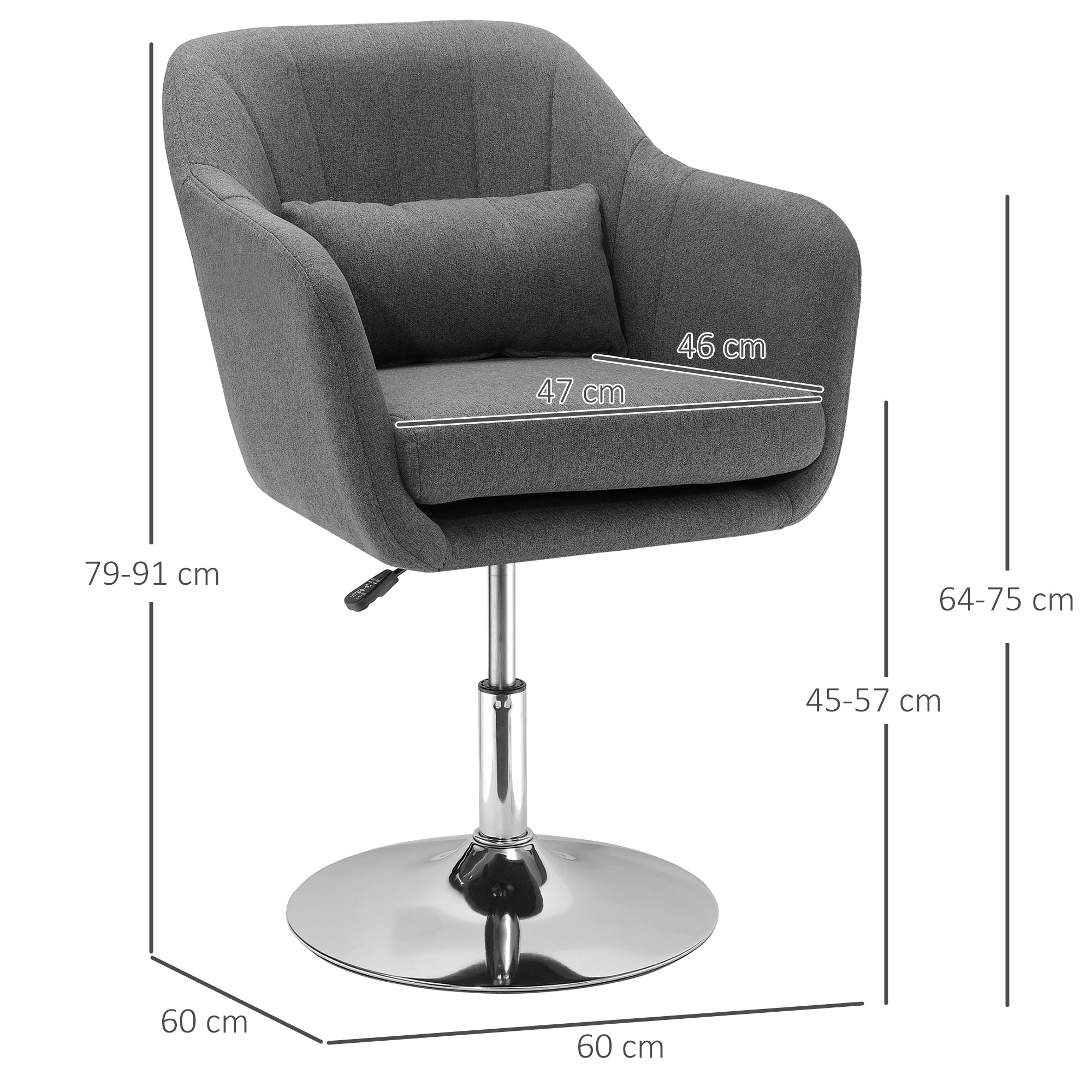 HOMCOM Drehstuhl, höhenverstellbarer Bürostuhl, leinenartiges Polyester, Metall, 60 x 60 x 79-91 cm, Dunkelgrau