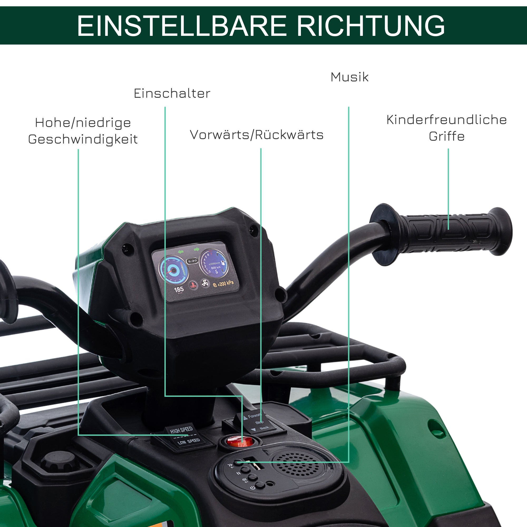 HOMCOM Kinder-Elektroquad, max. 4 km/h, ab 3 Jahren, LED-Scheinwerfer, Musikanschluss, schwarz+grün 88 x 45 x 50 cm