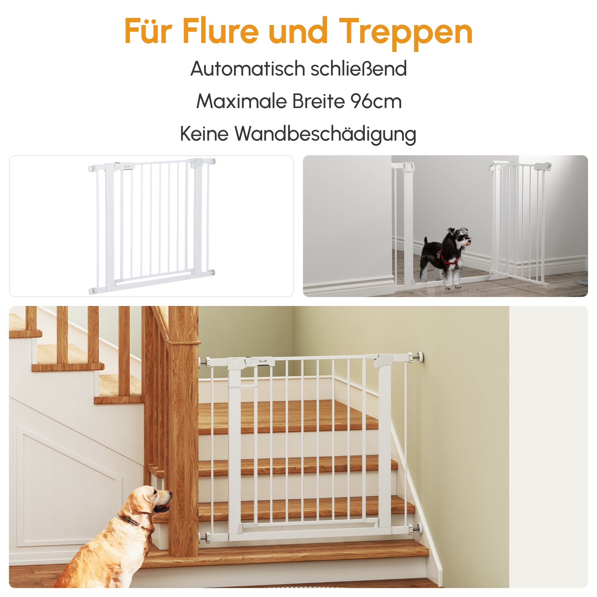 PawHut Türgitter, Montage ohne Bohren, verstellbare Breite 75-96 cm, einhändiges Öffnen, Metall, Weiß, Auto-Close Baby Schutzgitter