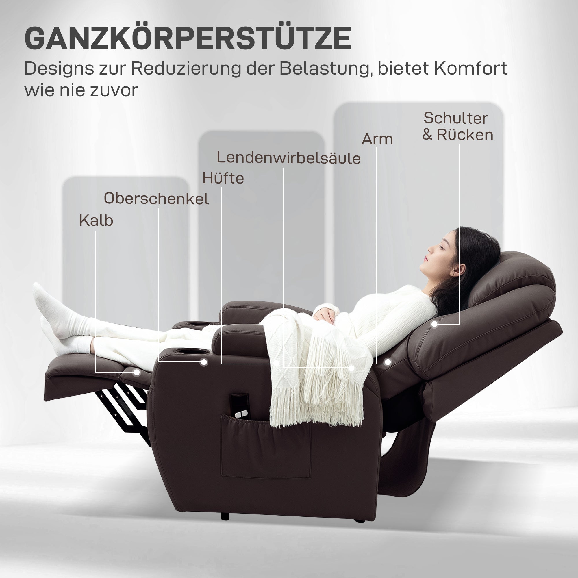 HOMCOM Aufstehsessel, Relaxsessel mit Aufstehhilfe, inkl. Fernbedienung, Becherhalter, verstellbare Rückenlehne, Braun