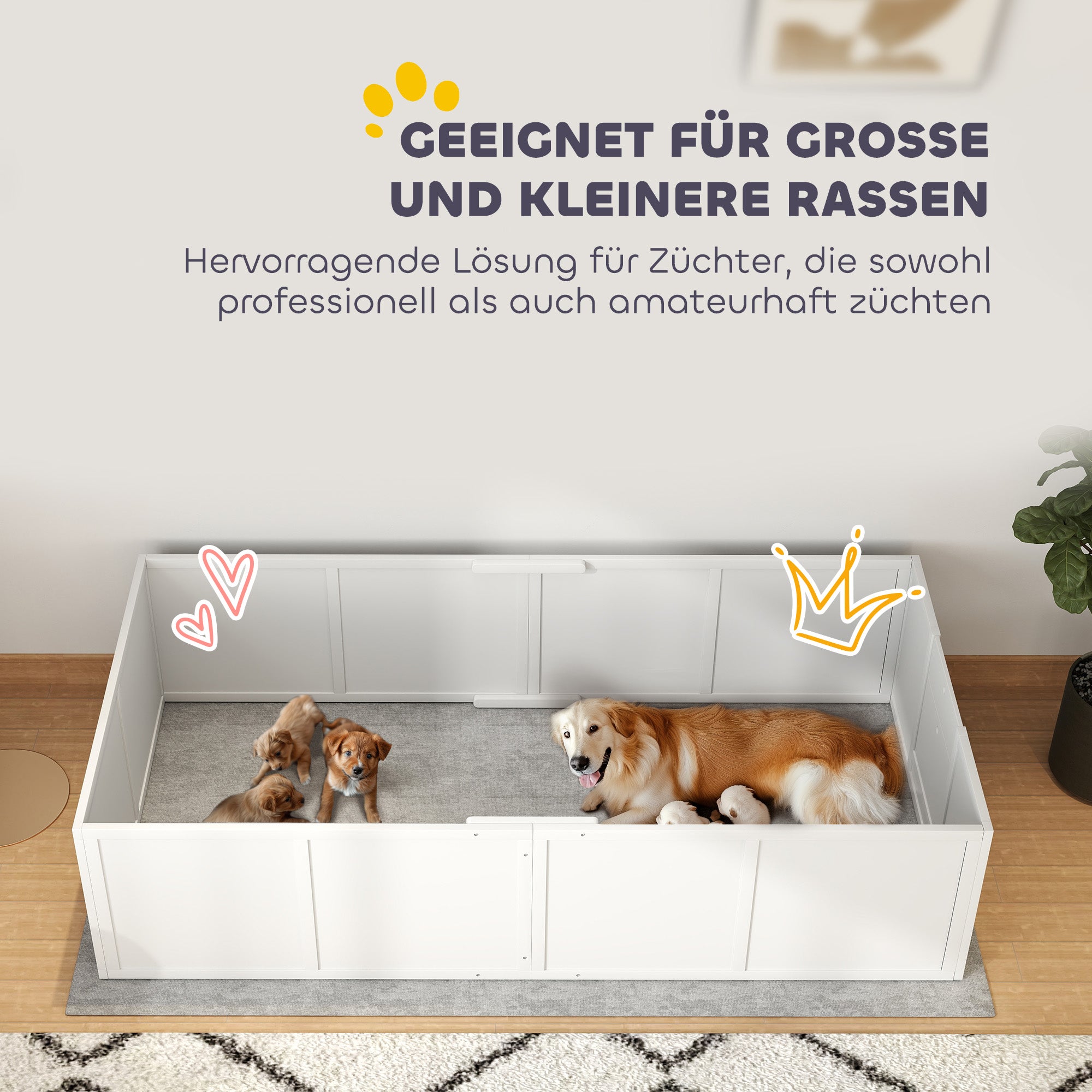 PawHut Hunde-Wurfbox für Hunde und Welpen, mit verstellbaren Eingängen, für große und kleine Hunde, 196 x 96 x 48 cm, Weiß