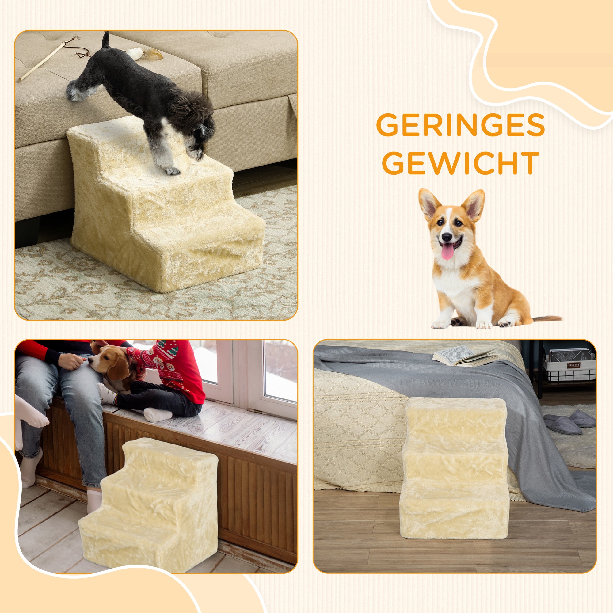 PawHut Faltbare Haustiertreppe, 3 Stufen, waschbarer Plüschbezug, Spanplatte, 46 x 35 x 35 cm, Beige