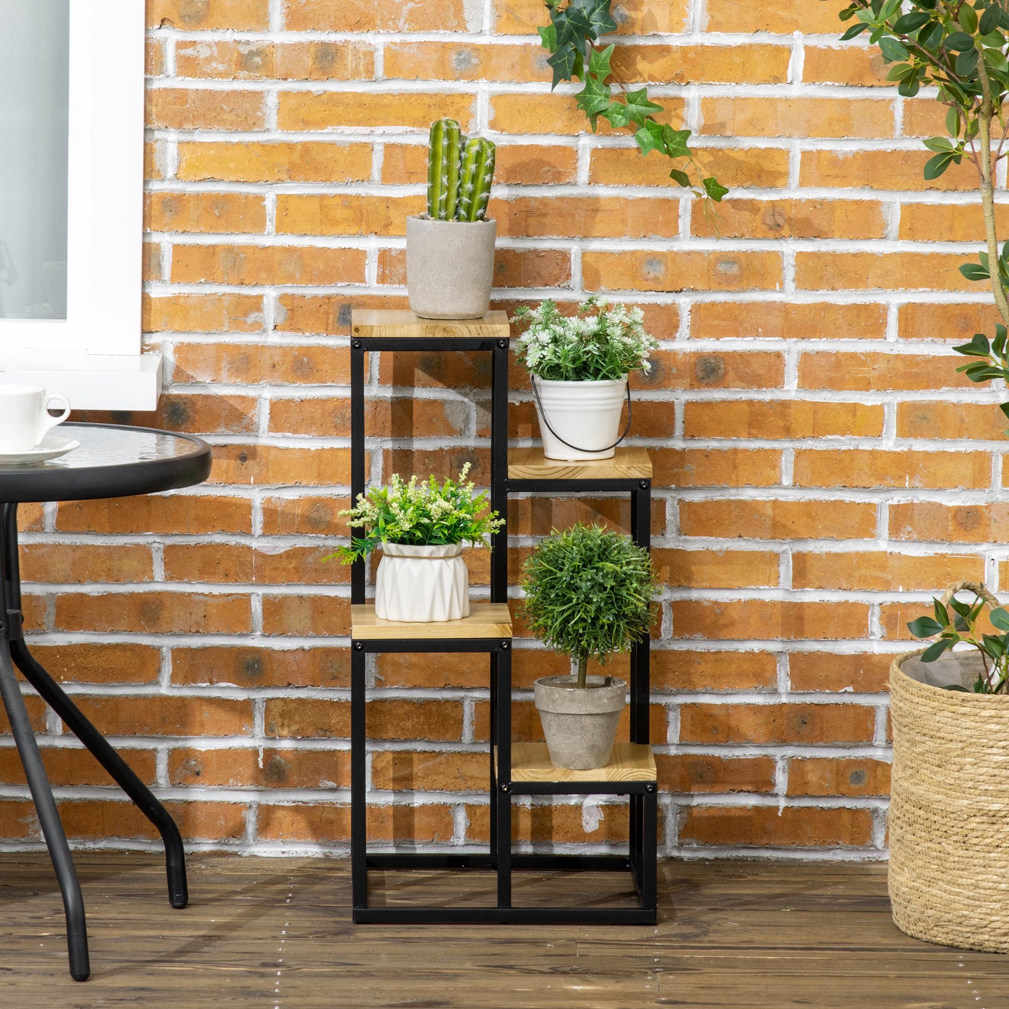 Outsunny Pflanzenständer im Industrie Design mit 4 Regalen, Blumentreppe, 34 cm x 34 cm x 66 cm, Natur + Schwarz