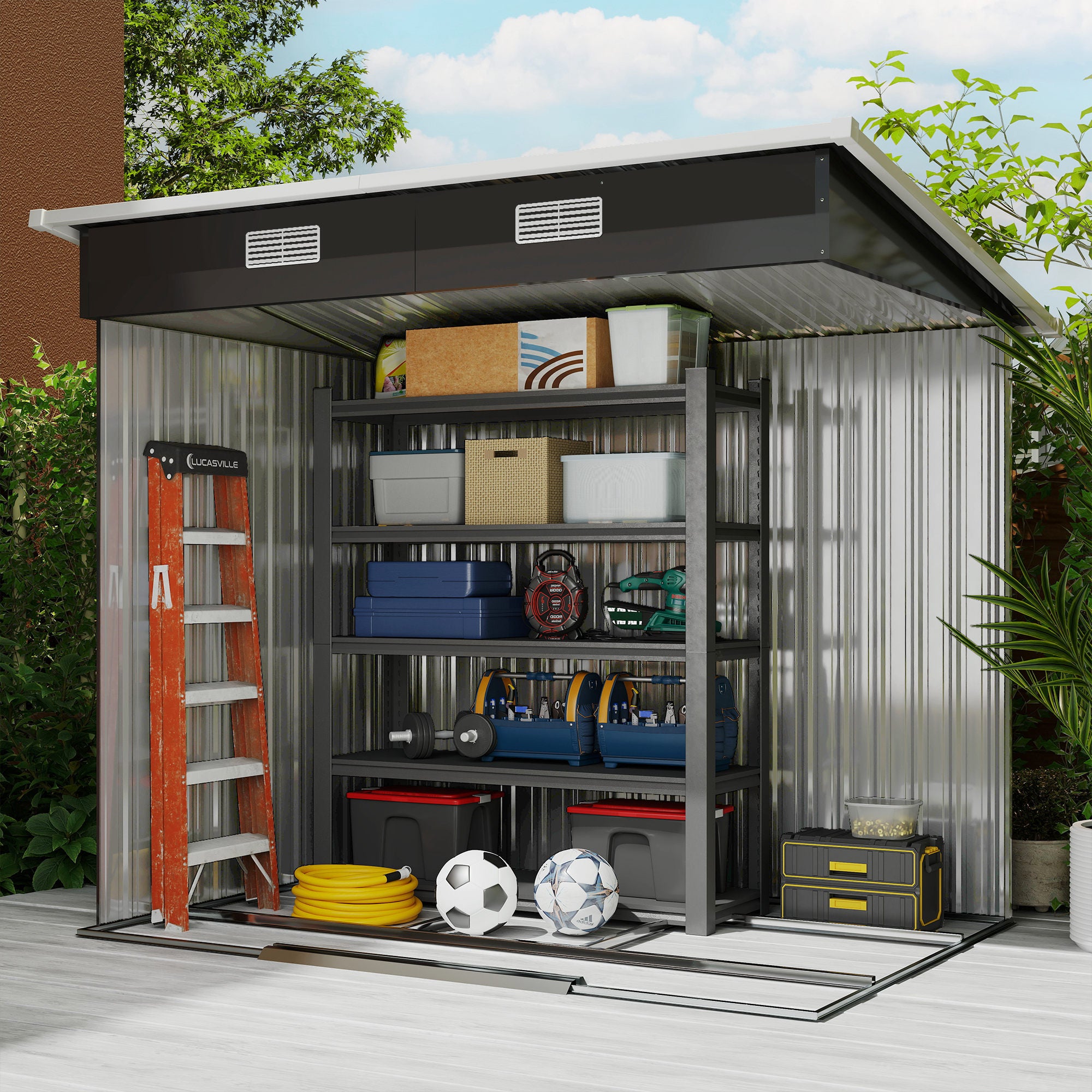 Outsunny Gerätehaus Metall 2,3 m² 207 x 130 x 182 cm Geräteschuppen mit Pultdach Fenster Bodenrahmen Schwarz