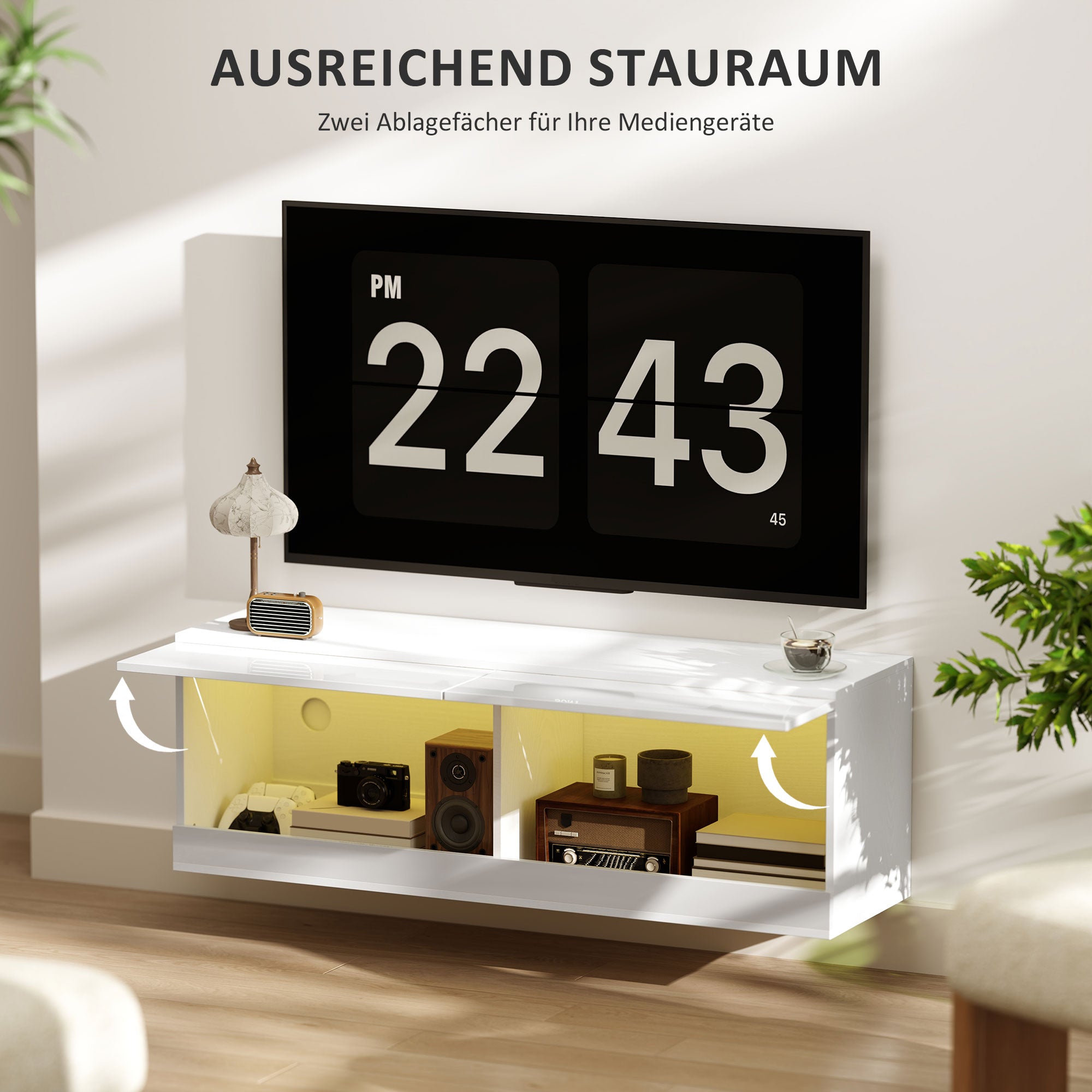 HOMCOM TV-Hängeschrank mit LED-Beleuchtung, 16 Blinkmodi, Wandmontierter TV-Schrank, Offene Regale, 120 x 35 x 40,5 cm, Weiß