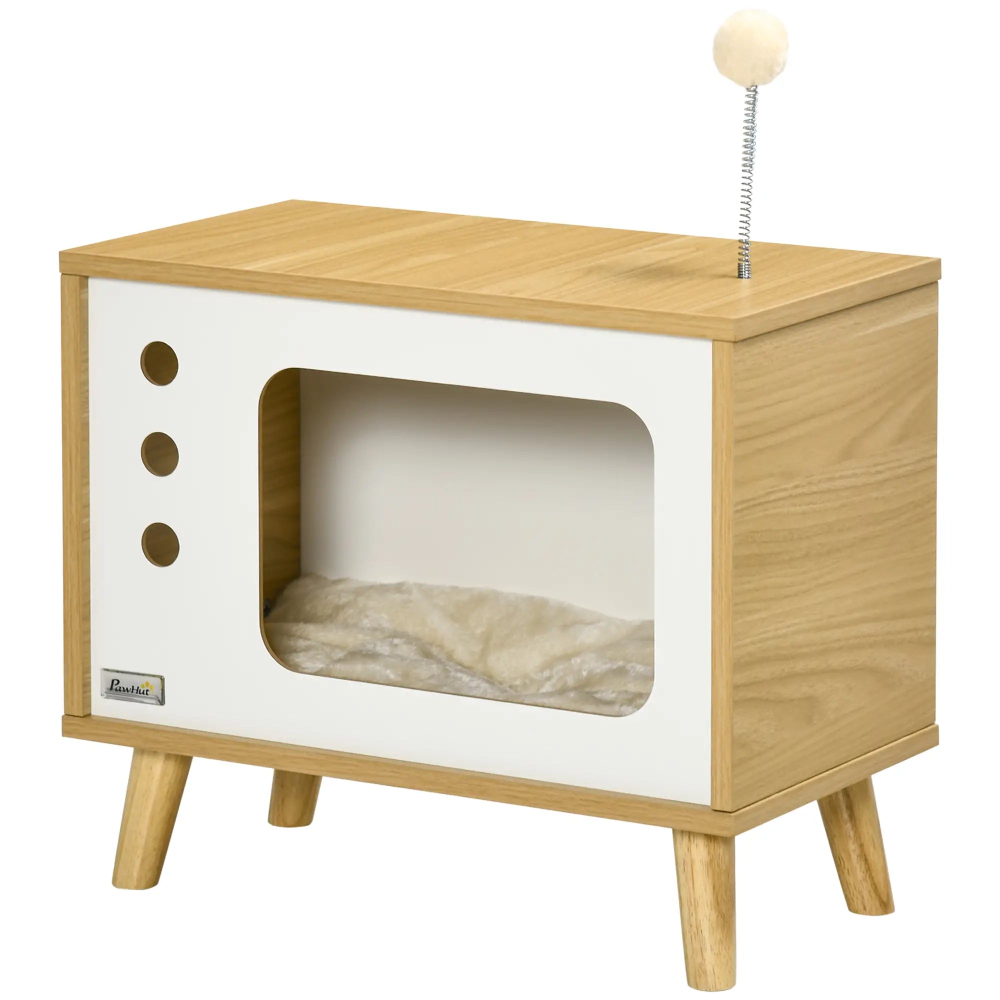 PawHut Katzenhöhle imTV-Design inkl. Spielzeug, waschbares Kissen, 50 cm x 28 cm x 43 cm, Eiche + Beige + Weiß