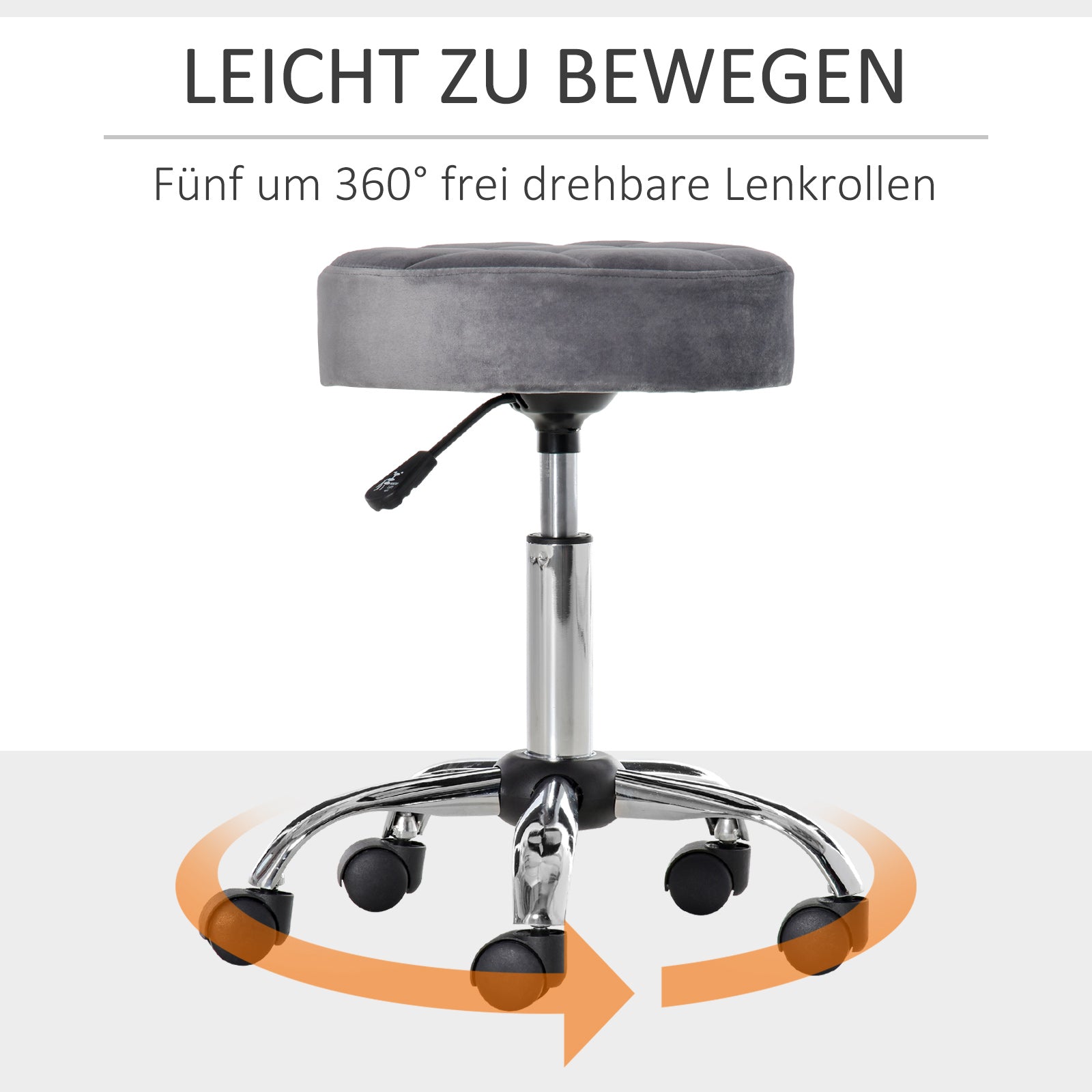 HOMCOM Salonstuhl mit Rädern Rollhocker höhenverstellbar drehbar Salon Hocker Samt-Touch Schaumstoff Chrom-Basis Hellgrau 35 x 35 x 49-61 cm