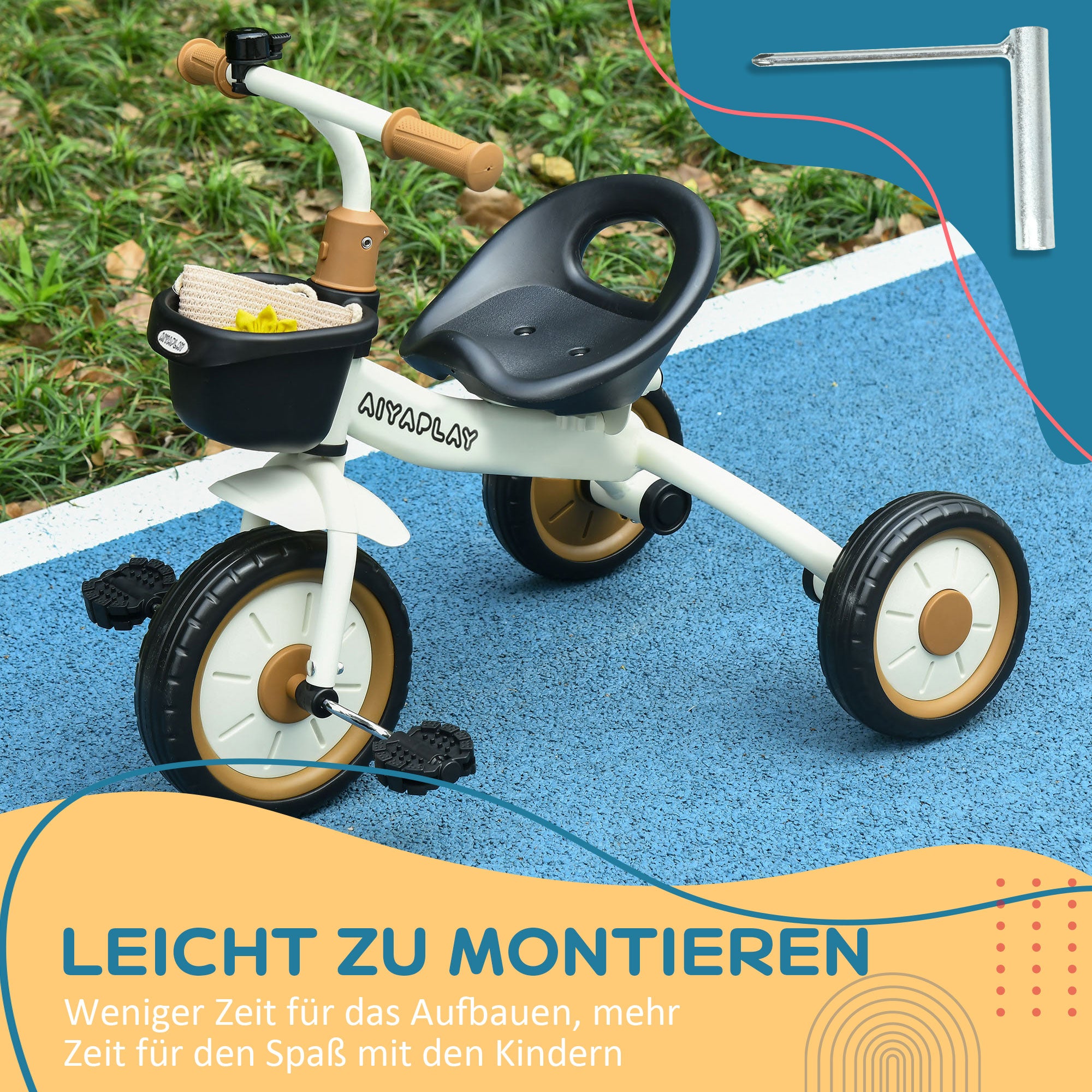 AIYAPLAY Dreirad für Kinder 2-5 Jahre, höhenverstellbarer Sitz, Klingel, Fahrradkorb, Metallrahmen, Weiß