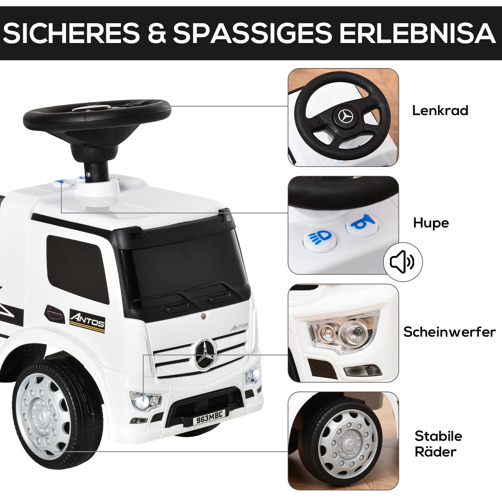 HOMCOM Rutscherfahrzeug Rutscherauto Babyrutscher Kinderfahrzeug lizenziert von Mercedes ANTOS-LKW-Stil mit Licht für Kinder von 12 bis 36 Monaten Metall PP-Kunststoff Weiß+Schwarz 62,5x28,5x45cm