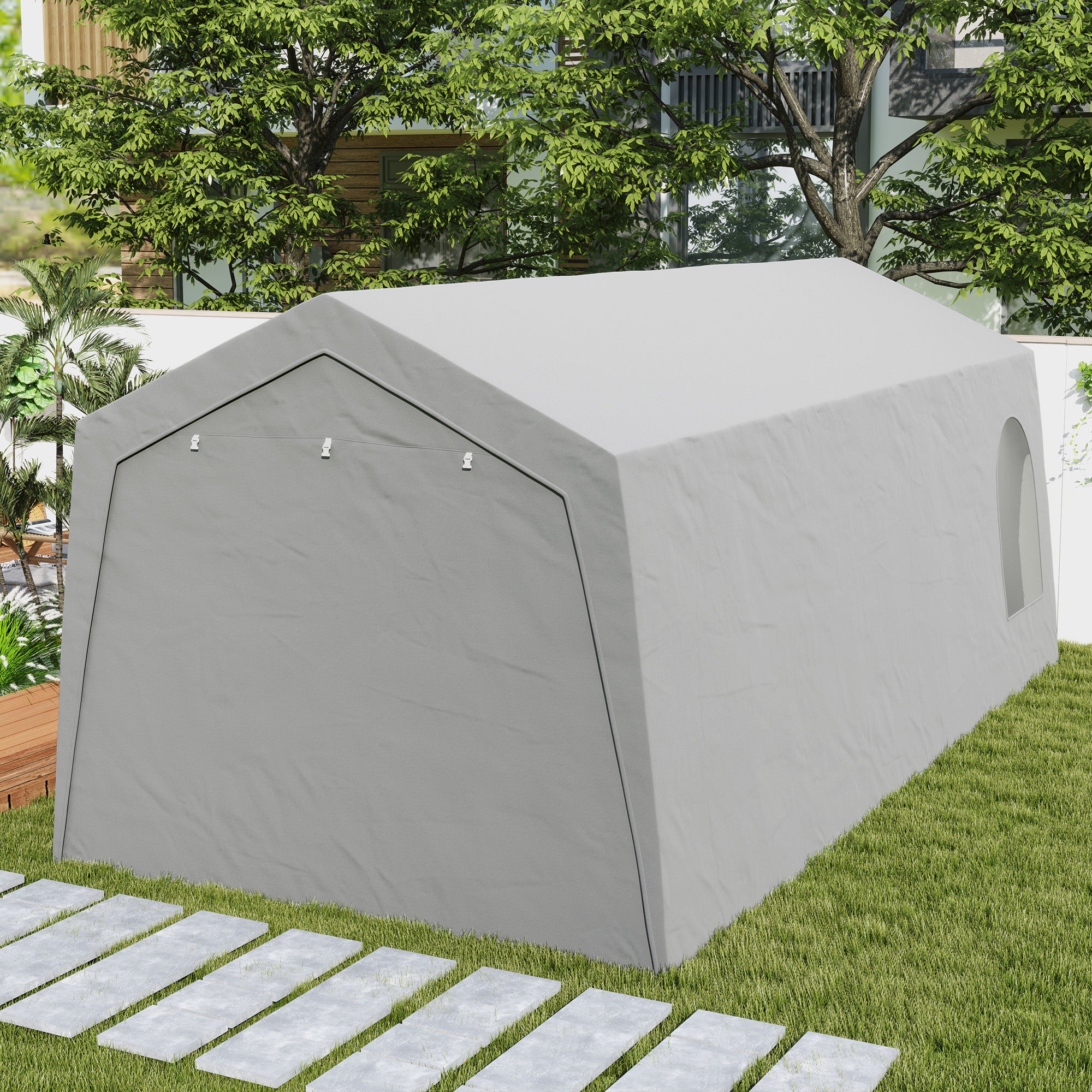 Outsunny 3 x 6 m Wasserdichter Gartenschuppen mit UV-beständiger Kunststoff-Plane und Metallgestell, Hellgrau