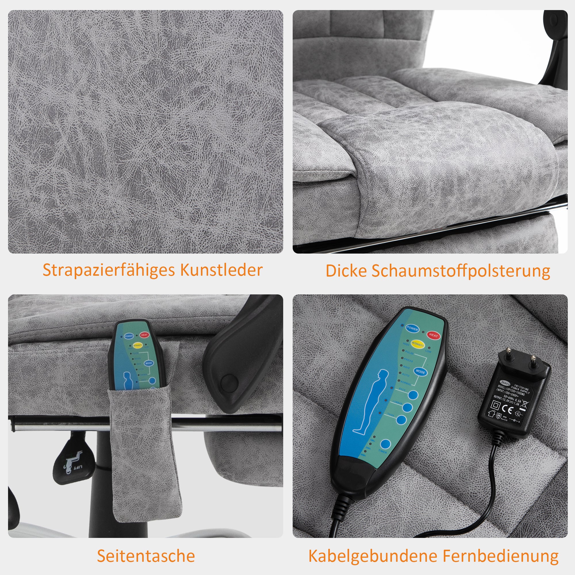 Vinsetto Bürostuhl mit Massagefunktion, Ergonomischer Schreibtischstuhl mit Heizfunktion, Liegefunktion, Höhenverstellbarer Drehstuhl mit Fußstütze, Seitentasche, Grau